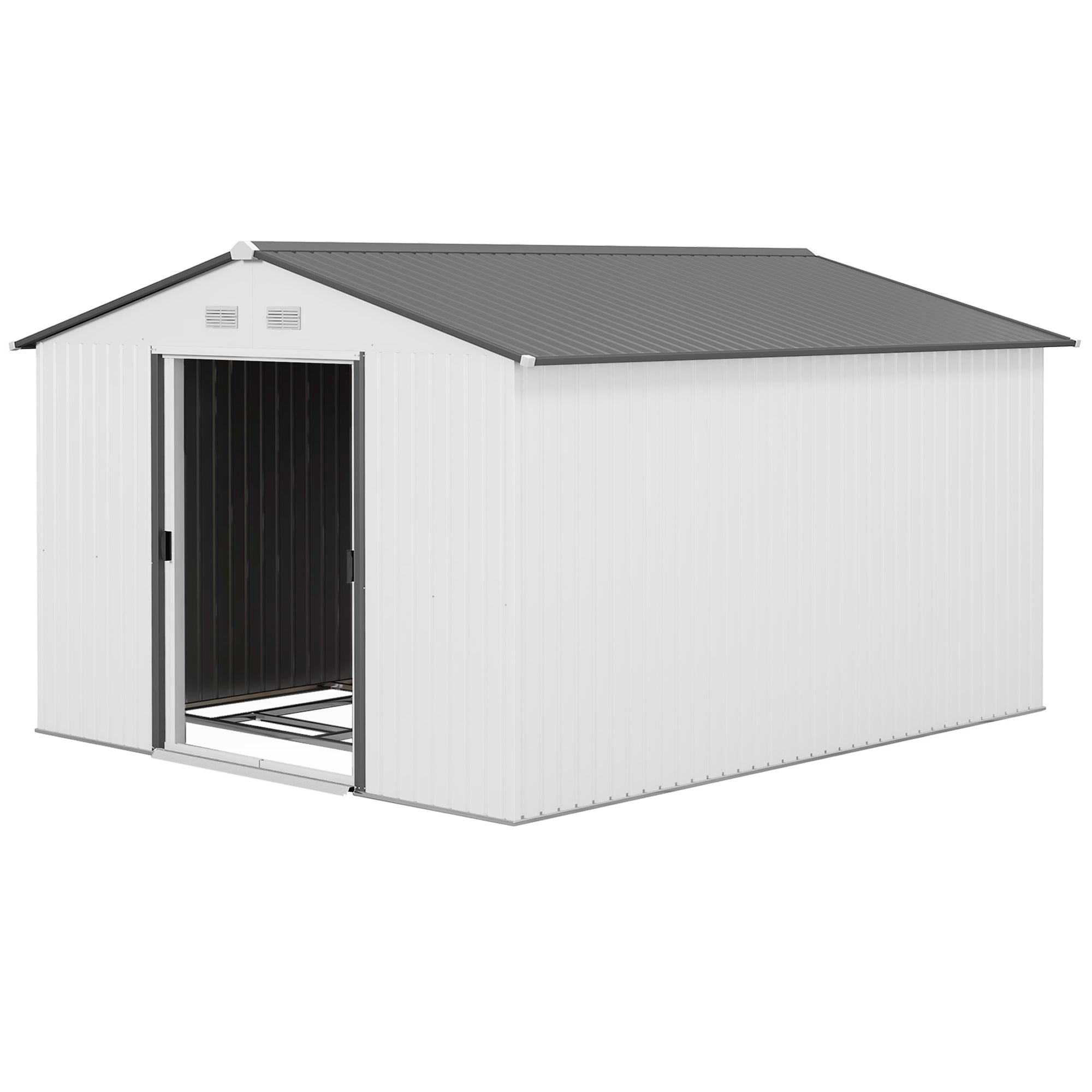 11' x 9' Metal Storage Shed Garden Tool House with Double Sliding Doors, 4 Air Vents for Backyard, Patio, Silver - Silver