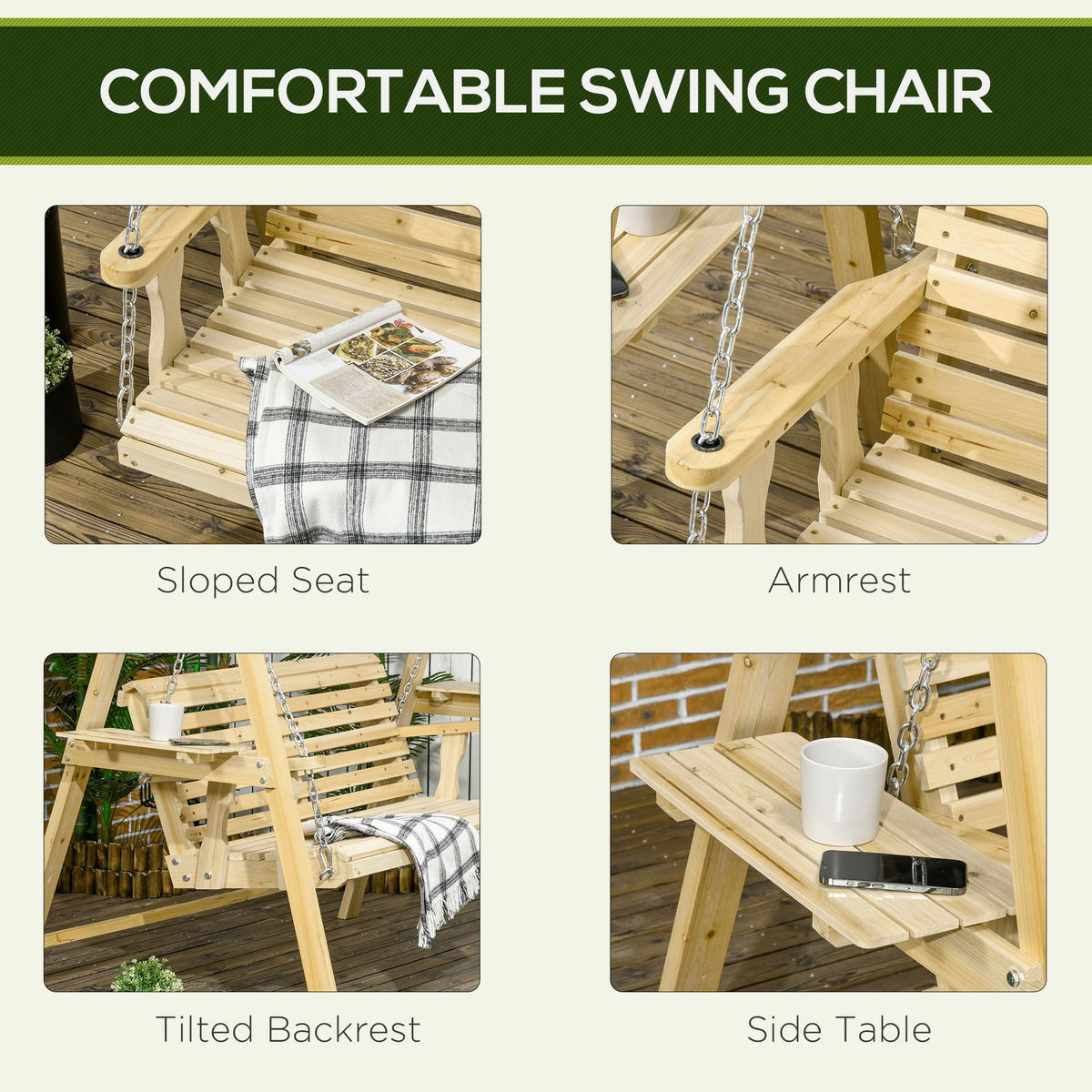 2-Seat orch Swing with Stand, Wooden Patio Swing Chair with Side Tables and Metal Chains, Outdoor Hanging Bench for Garden, Poolside, Backyard, Natural Wood