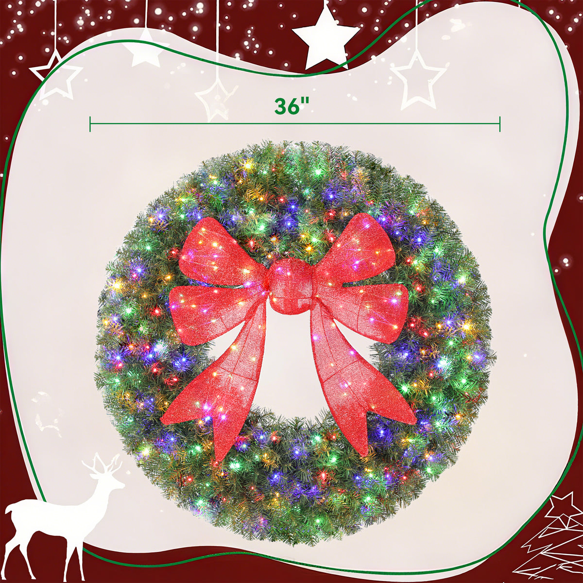 36in Pre-Lit Christmas Wreath with 3D Red Bow, 11 Lighting Modes, Front Door Christmas Wreath with Remote