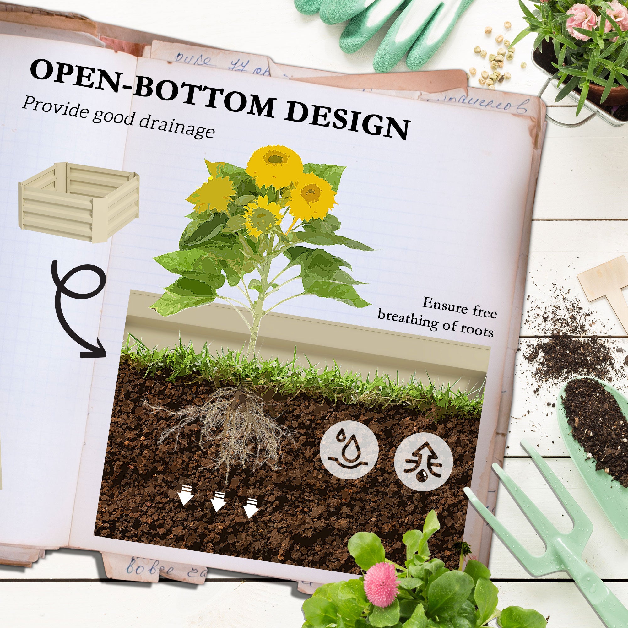 Galvanized Planter Box, 24" x 24" x 73.5" Raised Garden Bed with Tomato Cage for Climbing Vines, Cream - Cream White - Image 5