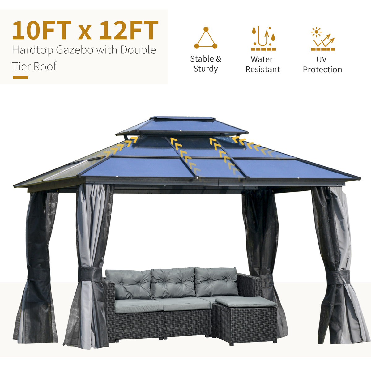 10' x 12' Hardtop Gazebo Canopy with Polycarbonate Roof, Aluminum Frame, Light Gray