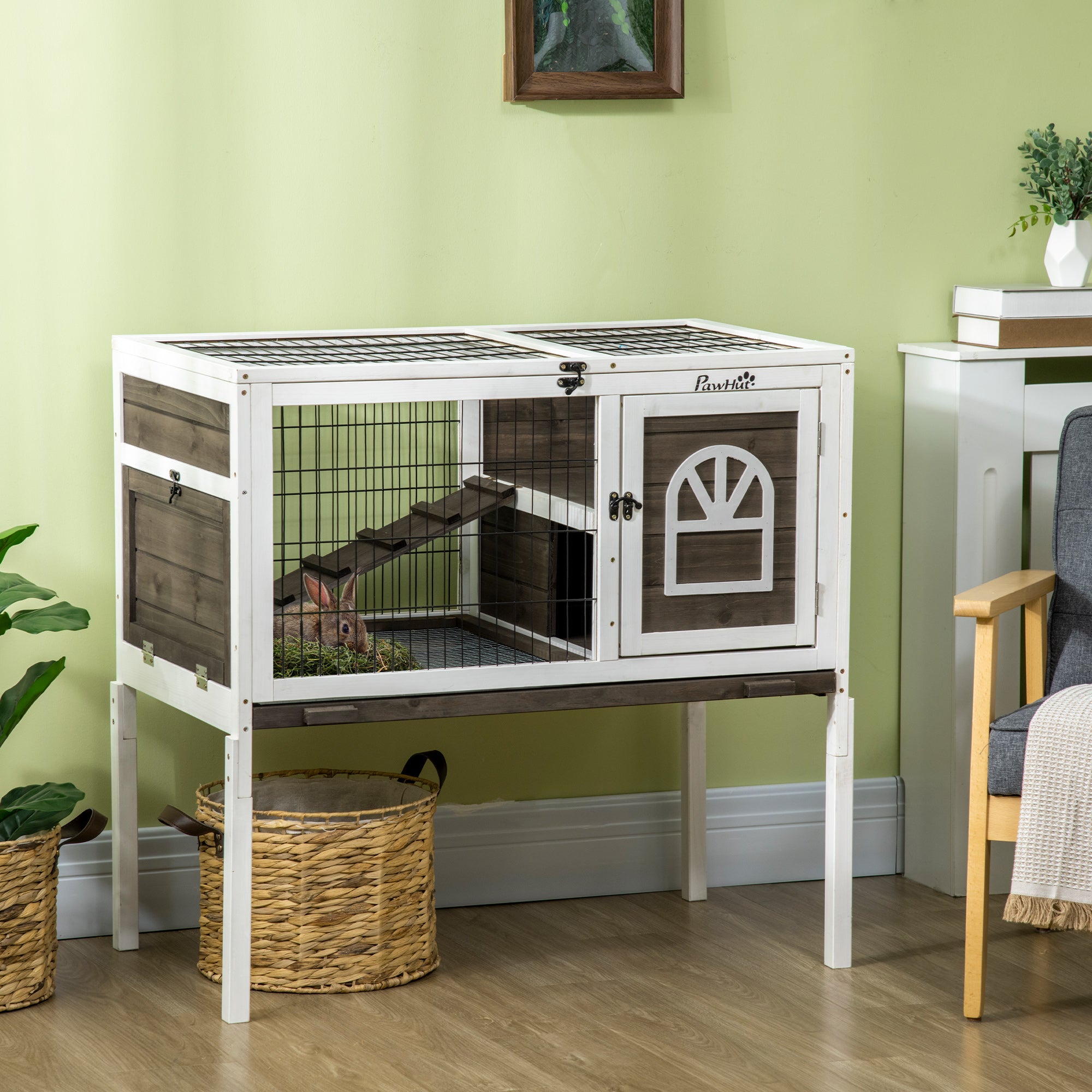 Wood Rabbit Hutch, Elevated Guinea Pig Cage with Run, Coffee - Coffee - Image 2