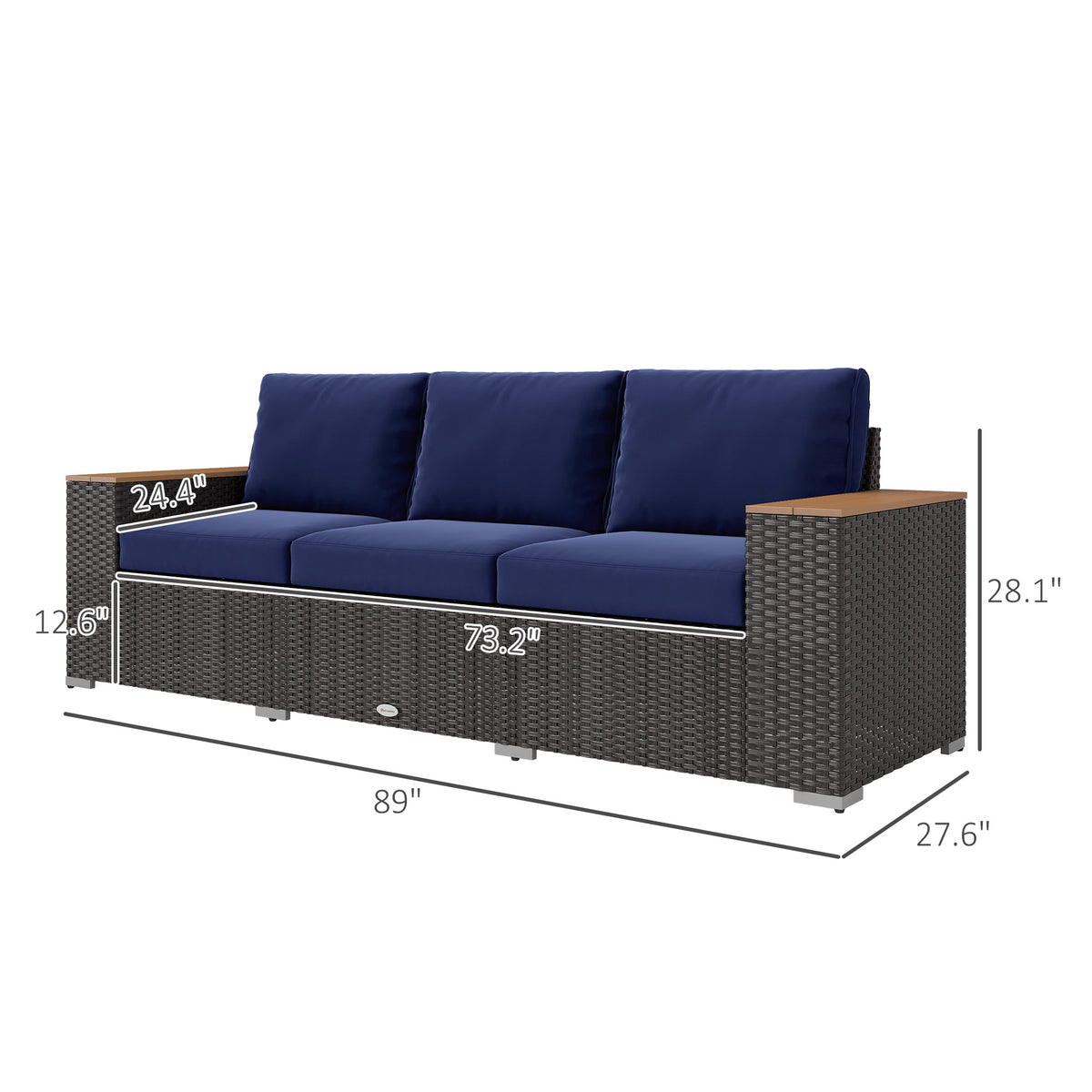 3-Seat Outdoor Patio Sofa, PE Wicker Outdoor Couch with Extra Wide Deep Seat, Wide Armrests 4" Cushions, Navy Blue