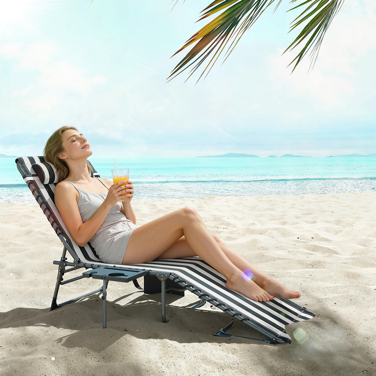 Folding Outdoor Chaise Lounge Chair Tanning Chair with 5-Level Adjustable Back, Side Table, Pillow, Pocket, Blue White