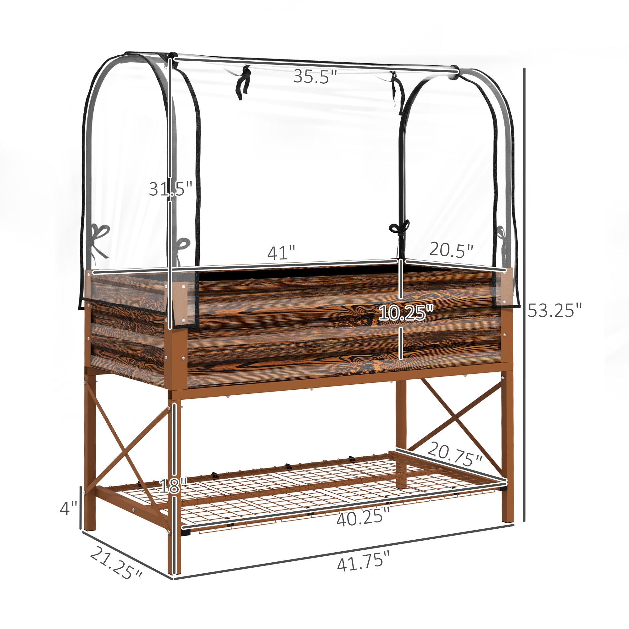 Raised Garden Bed with Legs and Cover, Metal Elevated Planter Box with Bottom Shelf and Liner for Vegetables, Brown - Brown - Image 3