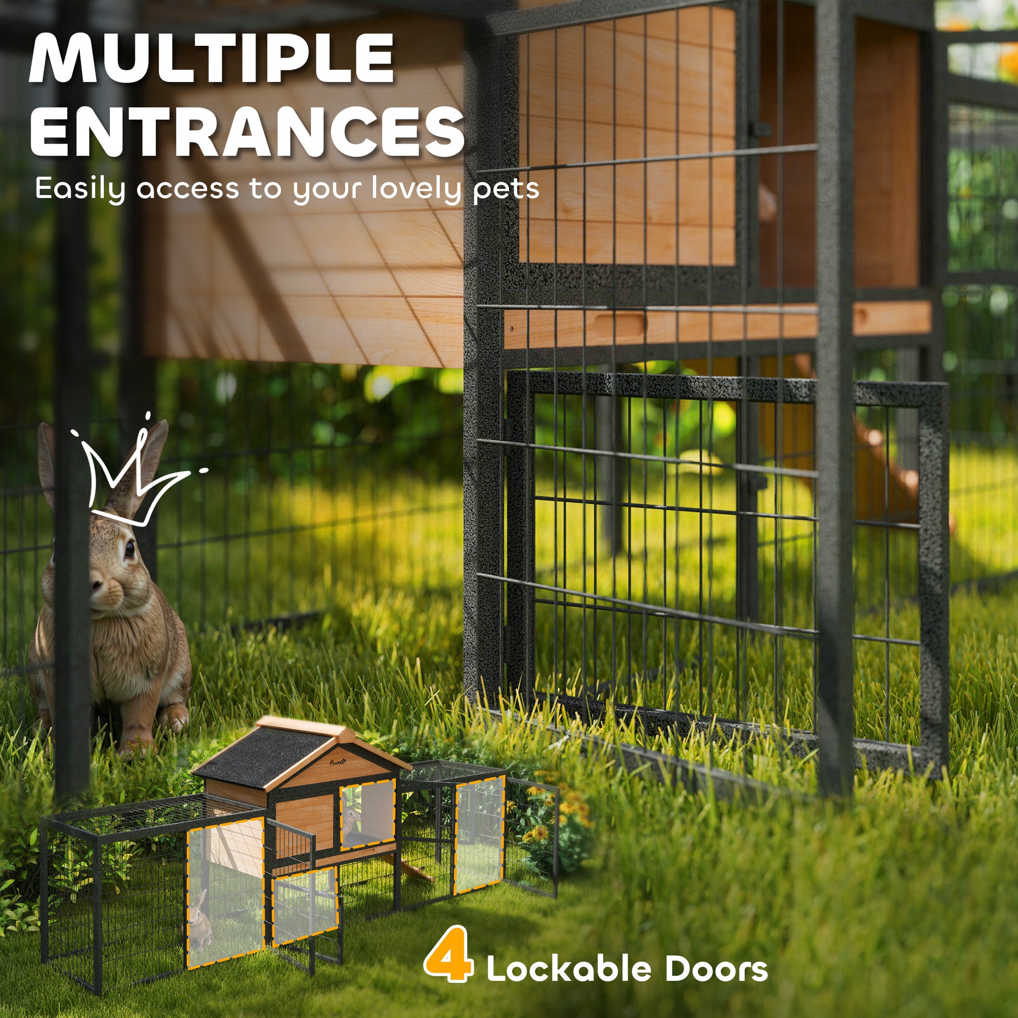 Wooden Rabbit Hutch Outdoor, 85" Large Bunny Cage with Steel Run, Removable Plastic Tray, Asphalt Roof, Ramp - Natural Wood - Image 6