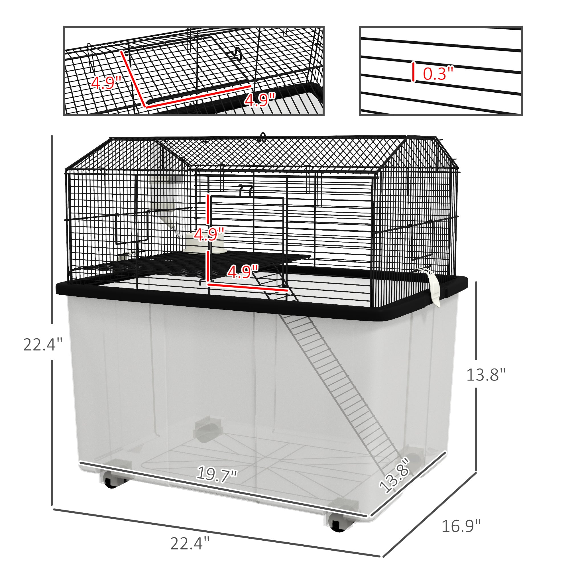 22" 2-Tier Hamster Cage with Extra-Deep 14" Base, Small Animal Cage with Ramp, Water Bottle, Food Dish, Wheels, Black - Black - Image 3
