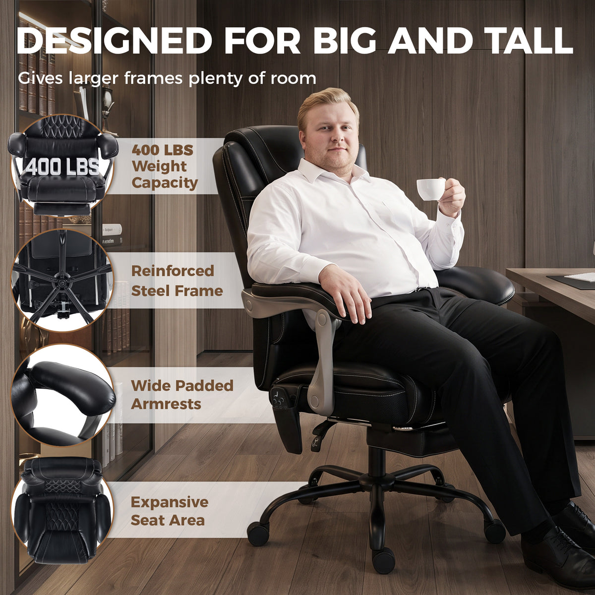 400lbs Massage Office Chair with Heat, Big and Tall Desk Chair, Lumbar Support, Reclining, Footrest, Black