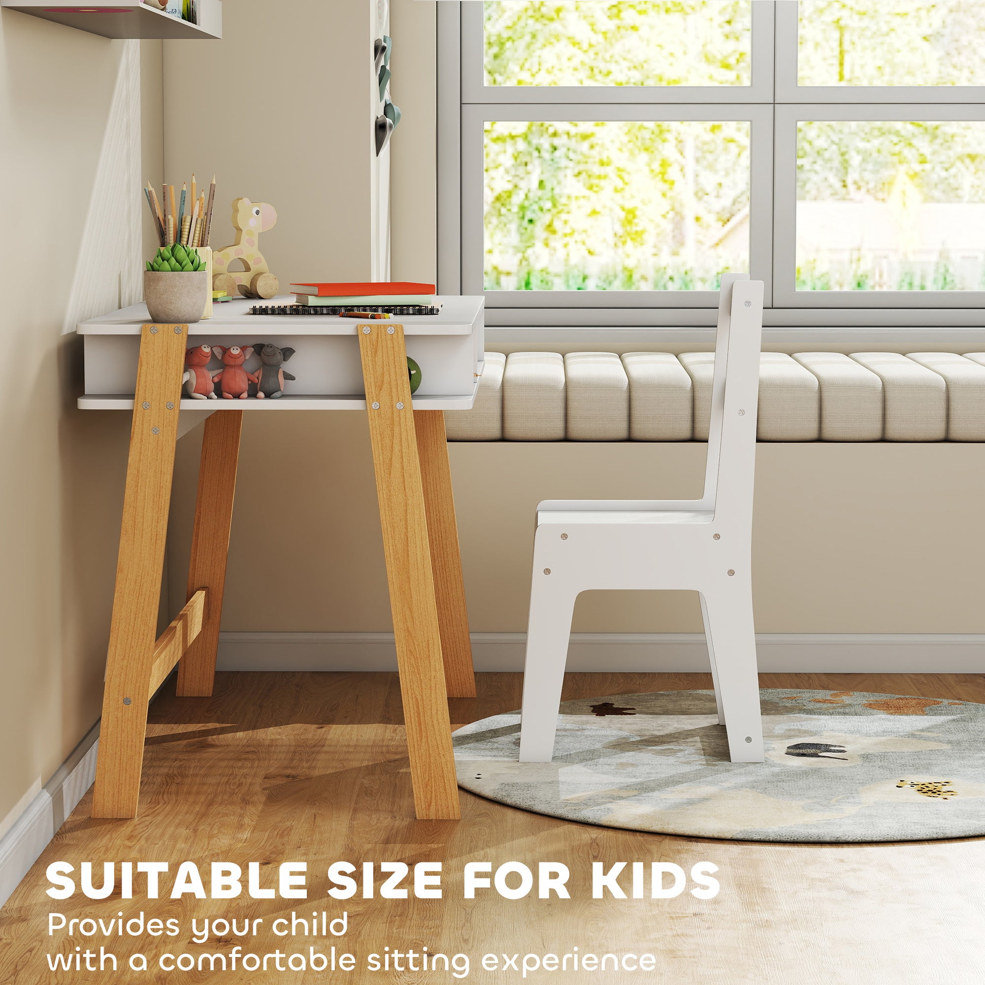 Kids Desk and Chair Set with Storage for Bedroom, School, Gift for Children Ages 3-12, White