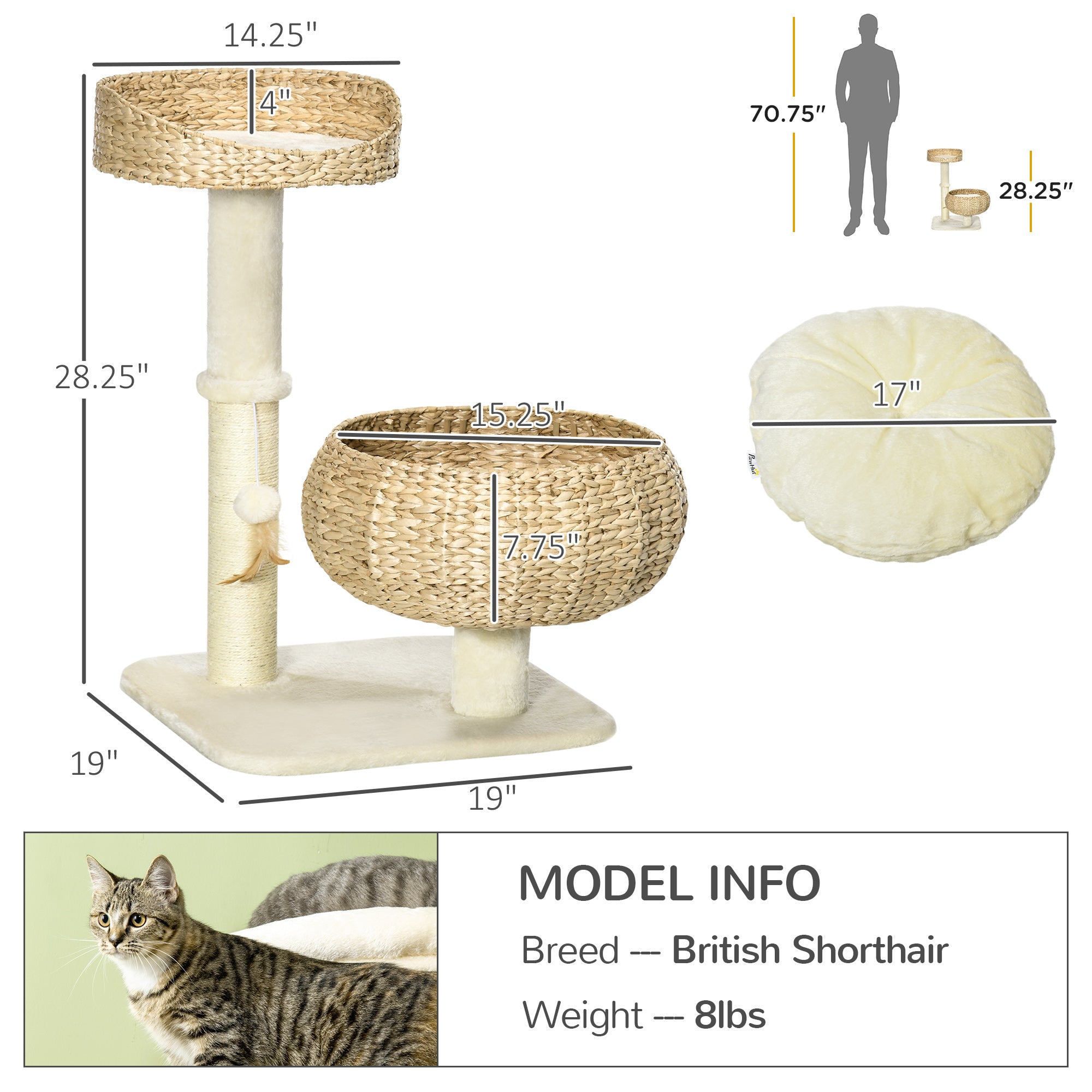 28" Elevated Cat Bed with Sisal Scratching Post for Indoor Kitties, Modern Cat Tree with Cute Basket Design, Small Cat Tree with Fun Ball Toy - Beige - Image 3