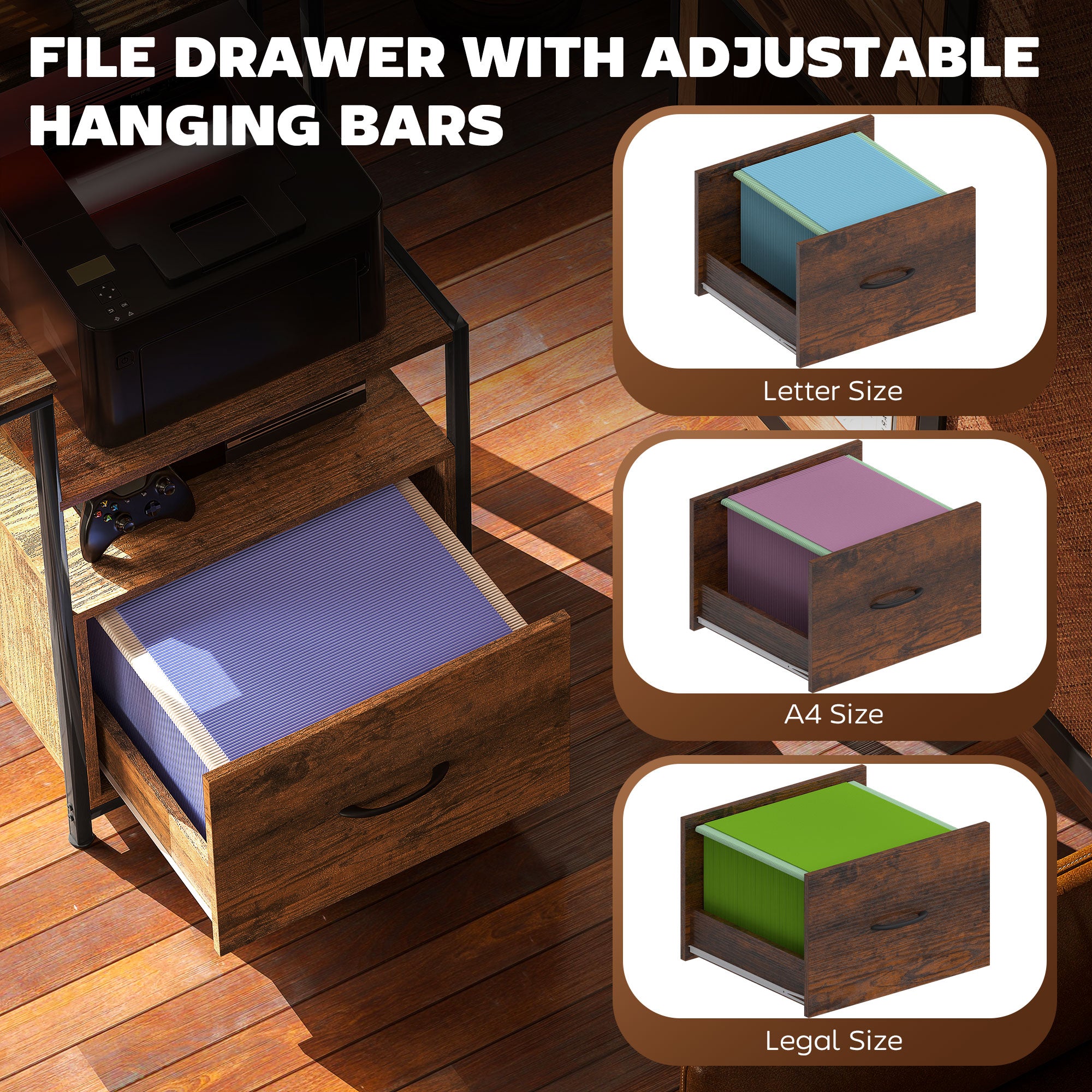 Computer Desk with Power Outlets and LED Lights, 67" Computer Table with File Cabinet and Fabric Drawers, Rustic Brown