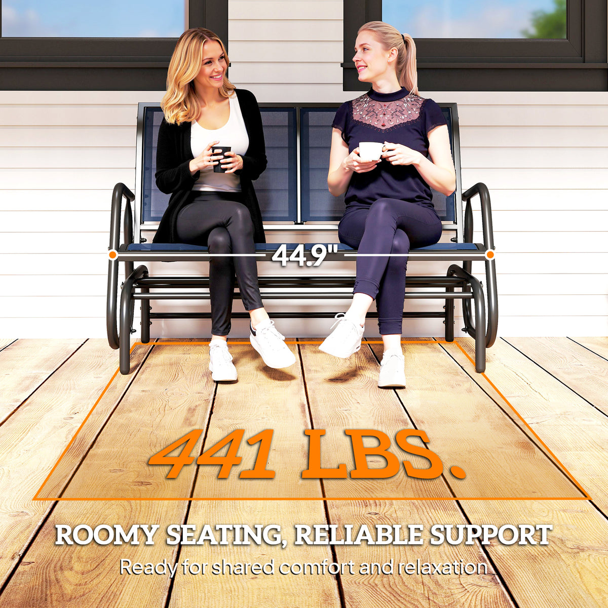 2-Person Outdoor Glider Bench, Patio Double Swing Rocking Chair Loveseat with Steel Frame, Dark Blue