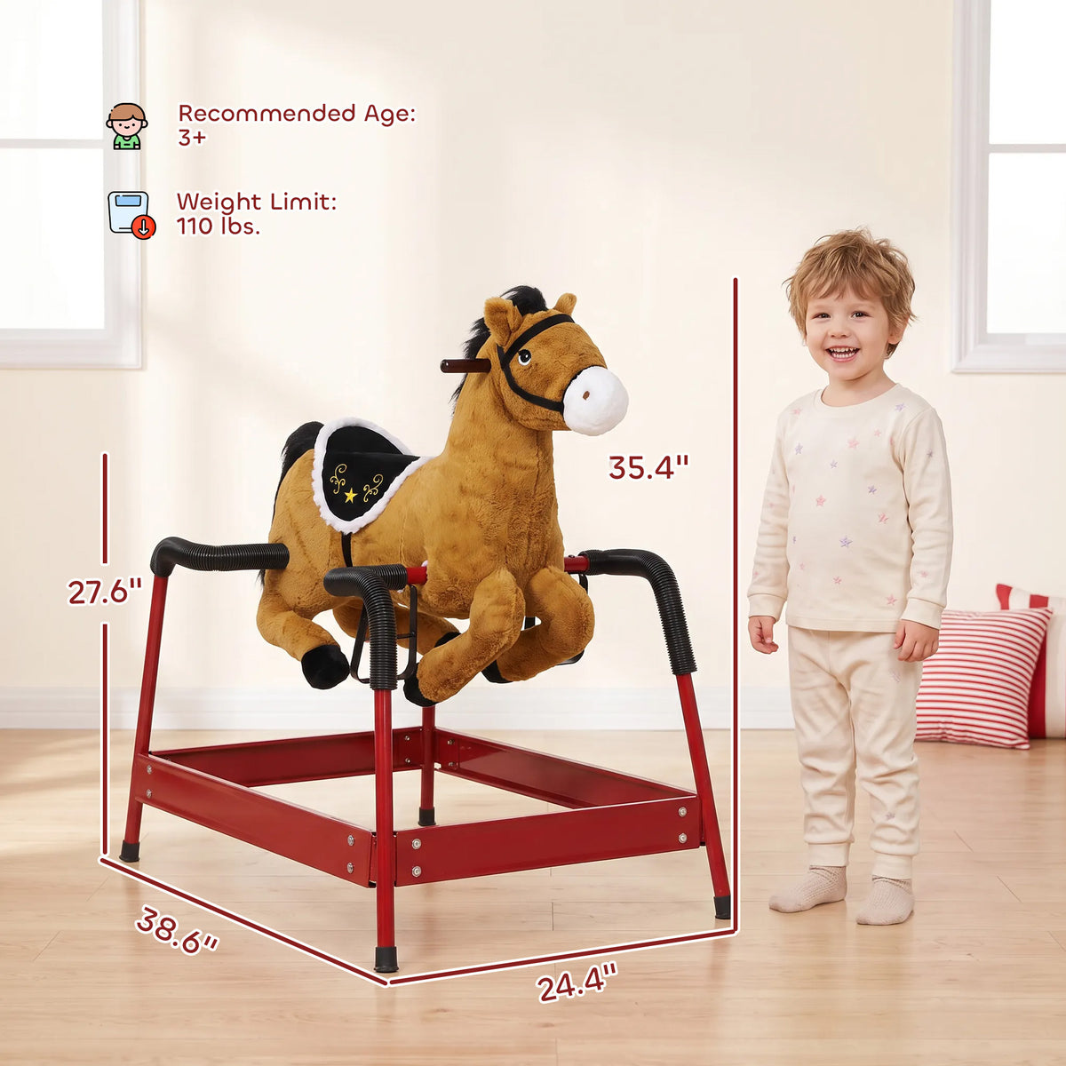 Kids Spring Rocking Horse, Ride on Horse with Neighing Sounds, Plush Animal Ride on Toy for Ages 3+ Years, Brown