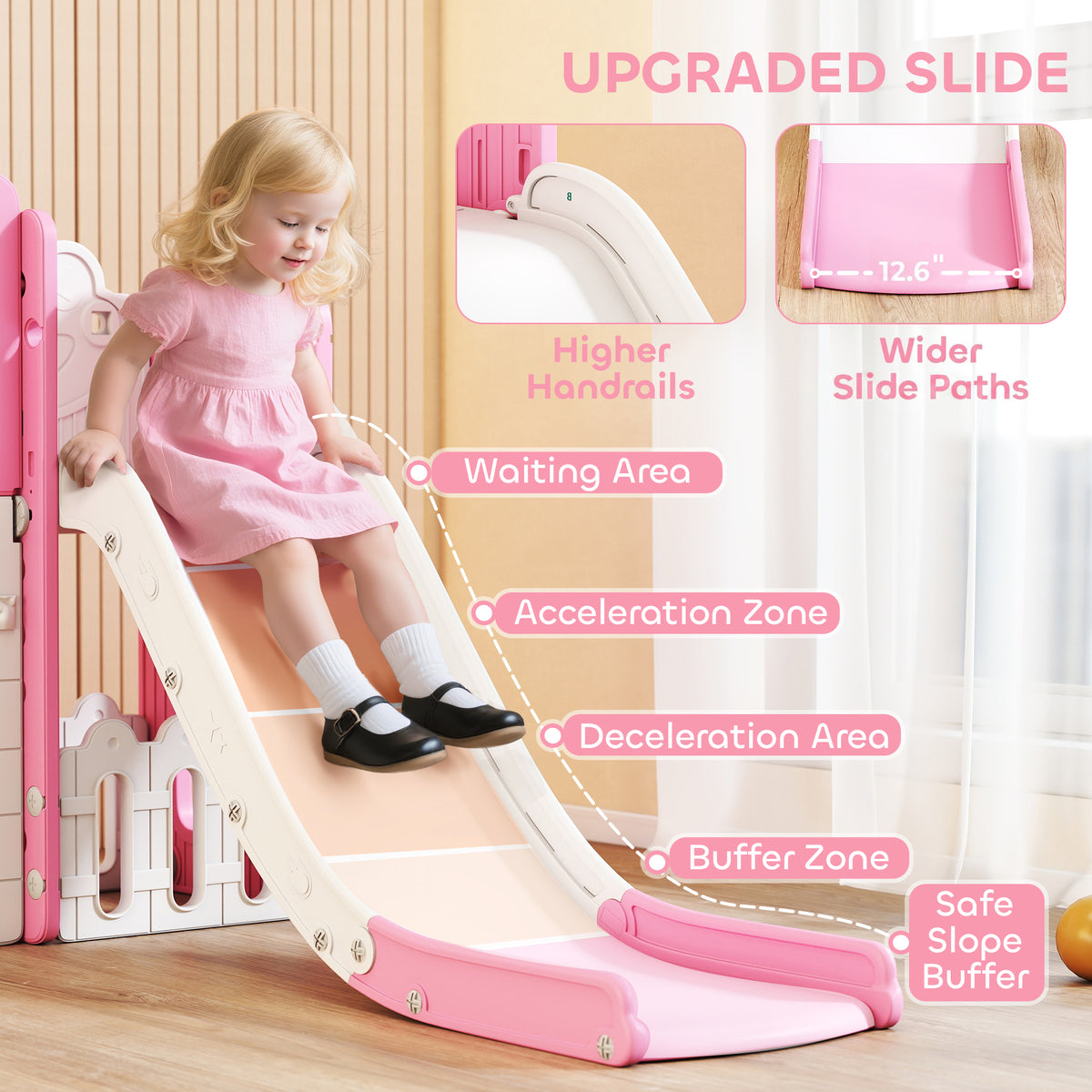 Qaba 7 in 1 Kids Slide with Climber, Basketball Hoop, Telescope, Indoor Outdoor Playground, for Boys Girls Ages 1-3, Pink
