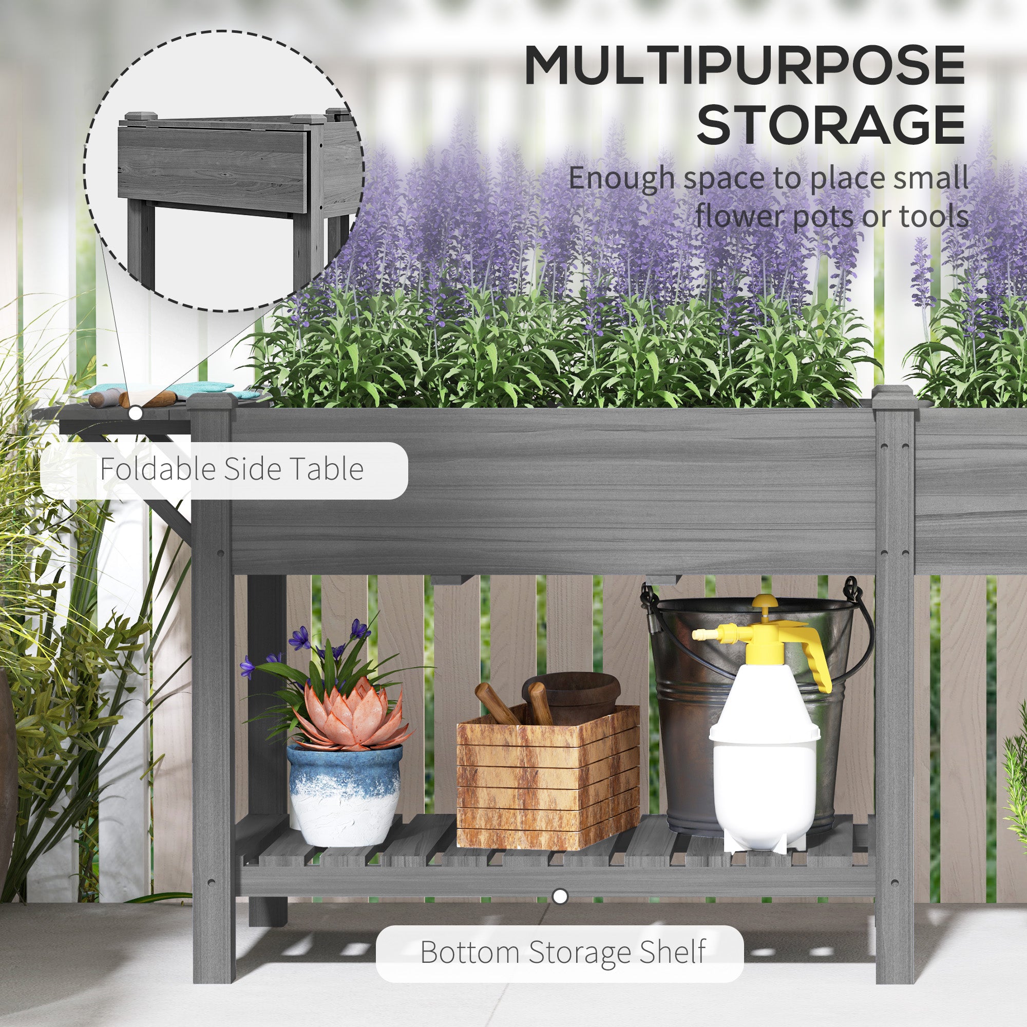Wood Raised Garden Box, Elevated Garden Bed with Side Table, Bottom Shelf, Bed Liners and Drainage Holes, Gray - Gray - Image 5