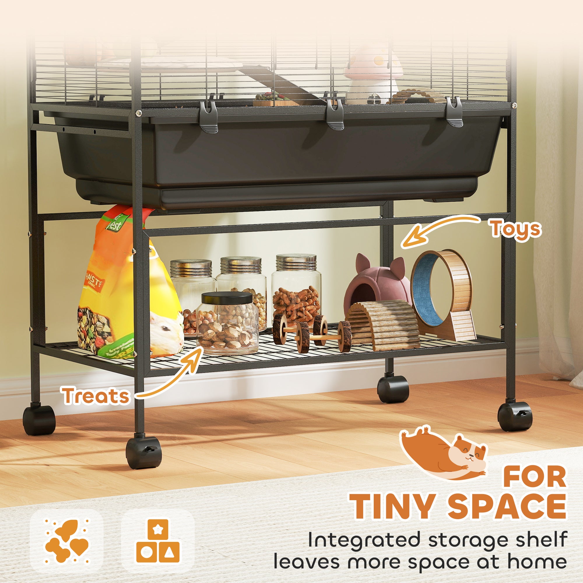 5 Tier Hamster Cage, Rolling Rat Cage with Deep Tray, Storage Shelf, Big Exercise Wheel, Hut, Tube System - Black - Image 7