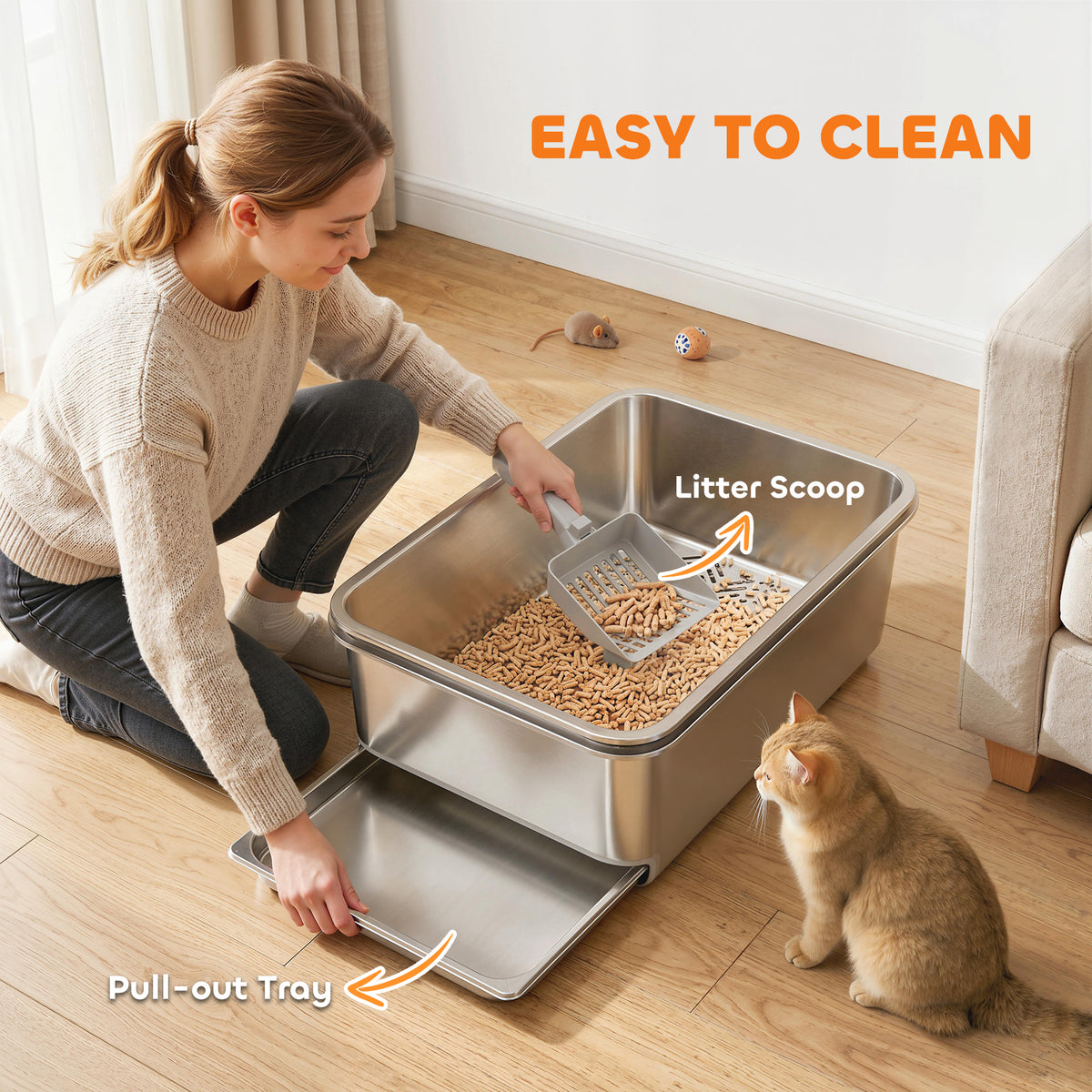 Stainless Steel Litter Box, XL Sifting Cat Litter Box for Medium, Large Cat, Non-Sticky, Odour Free, Easy Clean, Silver