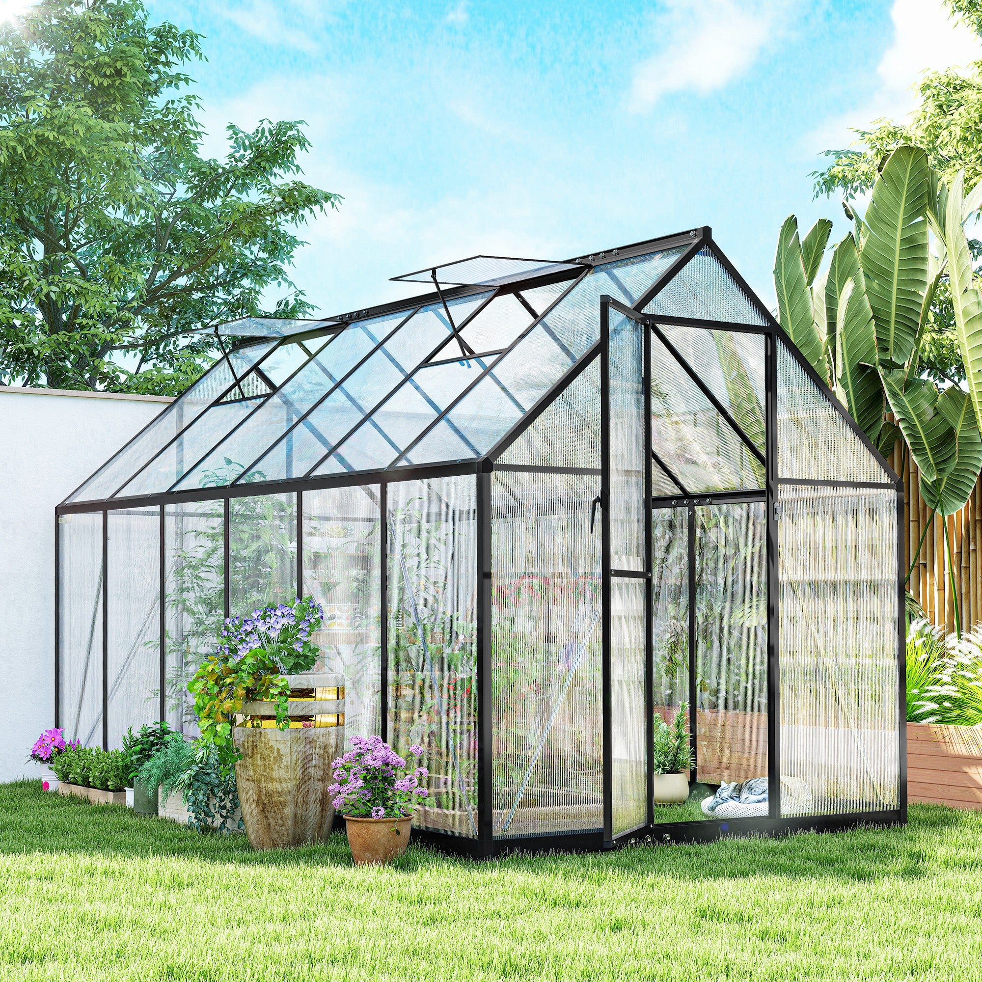 Polycarbonate Greenhouse with Swing Door and Two Adjustable Roof Vents, Aluminum Walk-in Greenhouse, 11x6 ft, Black - Black - Image 2