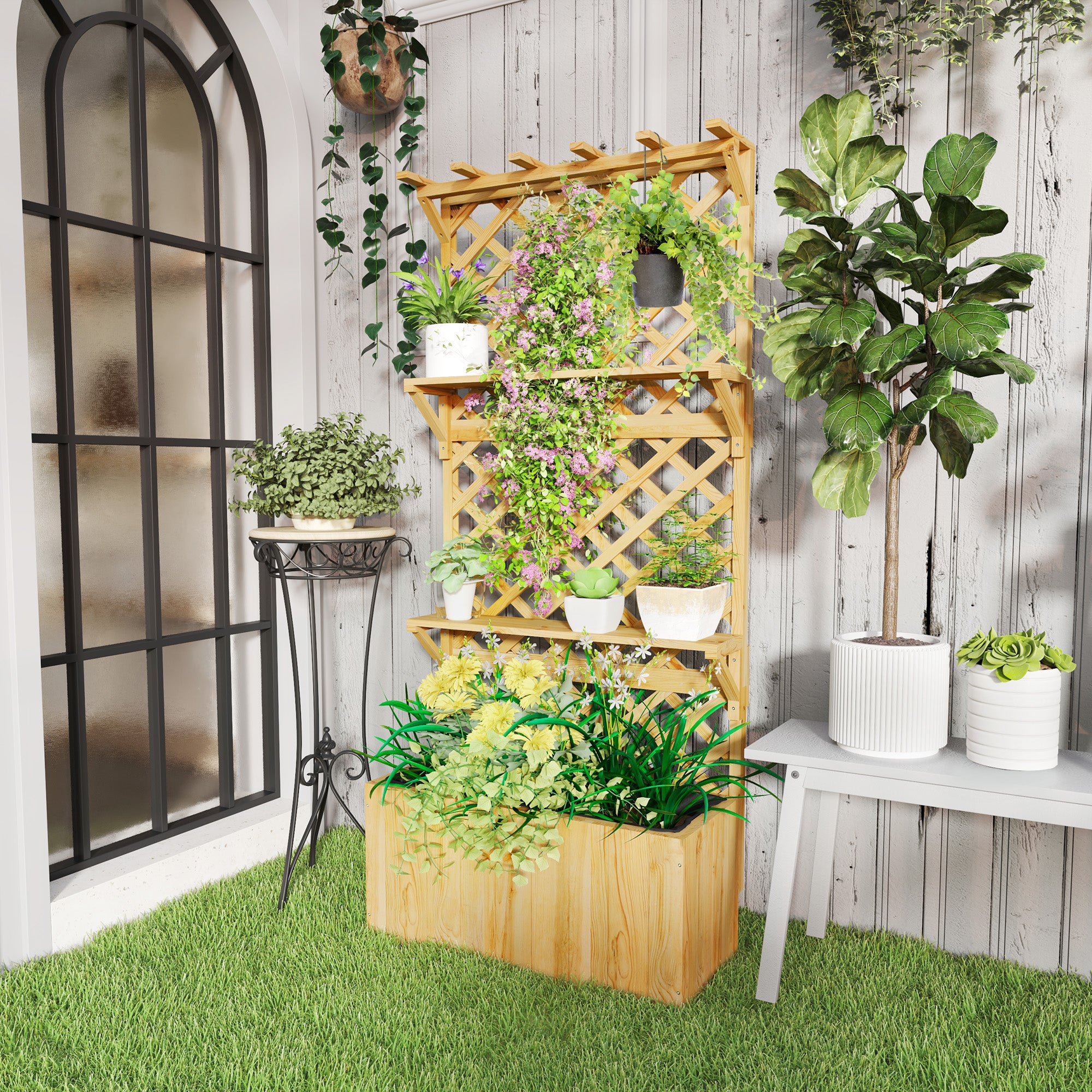 Raised Garden Bed, Wooden Planter with Trellis, Hanging Roof, Plant Shelf, Drainage Holes and Bed Liner, Natural - Natural Wood - Image 2