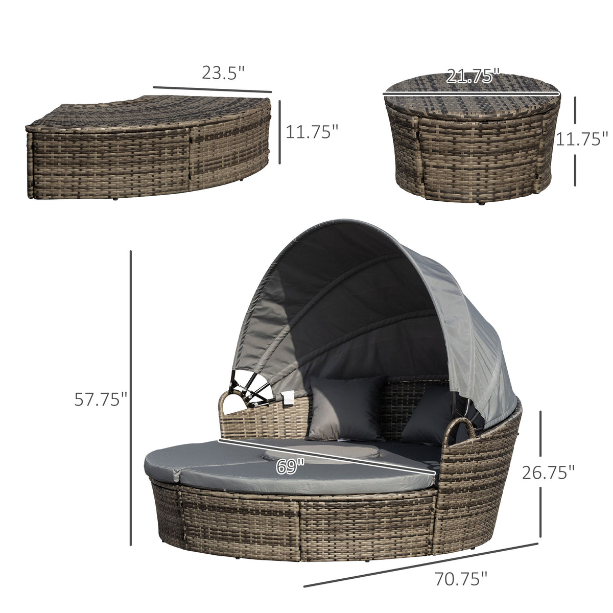 4-Piece Round Convertible Daybed with Cushions, Outdoor PE Rattan Patio Wicker Sofa Set, Dark Gray
