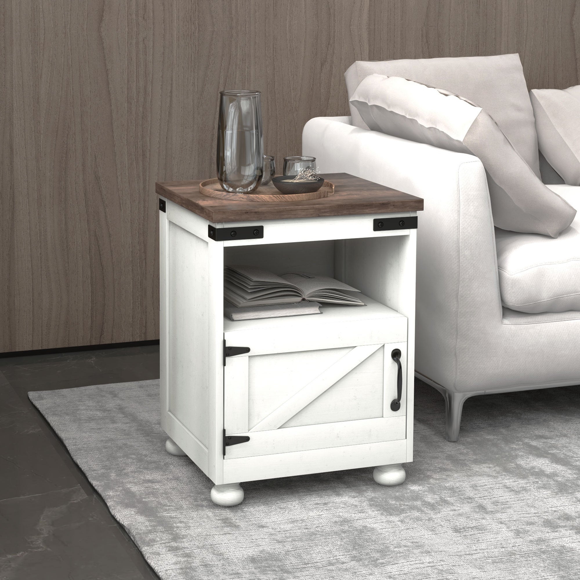 Side Table with Storage, End Table with Open Shelf, Cupboard and Wood Legs, Modern and Farmhouse Style, White