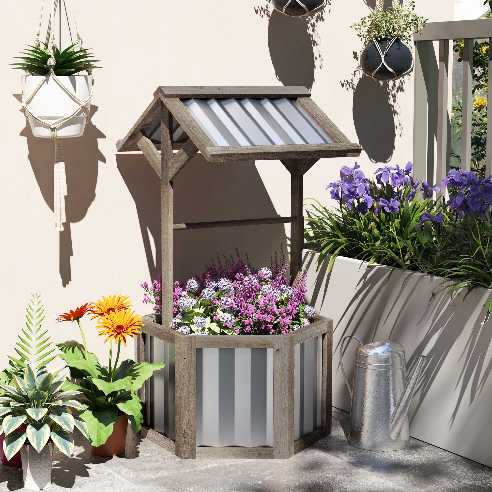 Wooden Wishing Well Planter, Raised Garden Bed with Galvanized Canopy, Hexagon Raised Flower Bed for Garden, Light Gray - Light Gray - Image 8