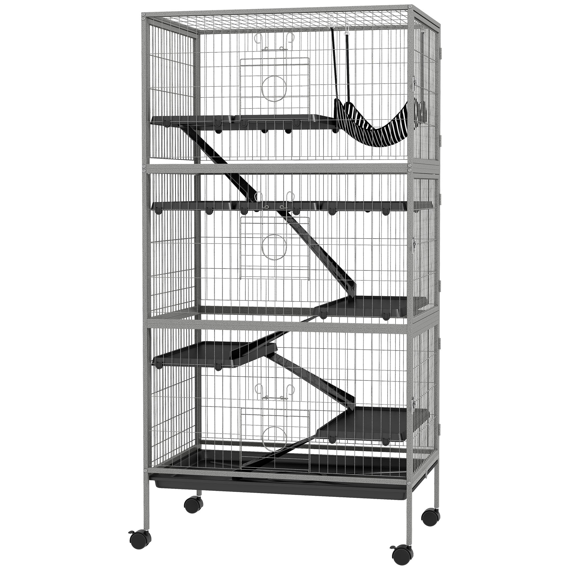 63" H Rolling Small Animal Cage with Hammock, Ferret Cage, Chinchilla Cage, Pet Habitat with 6 Doors, Removable Tray - Gray