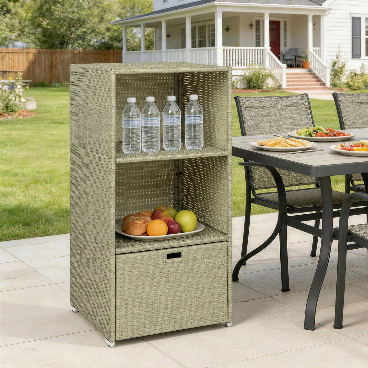 Valet Pool Towel Rack, Water-Resistant PE Plastic Rattan Wicker Storage Organizer, 2 Shelves, 1 Basket Drawer
