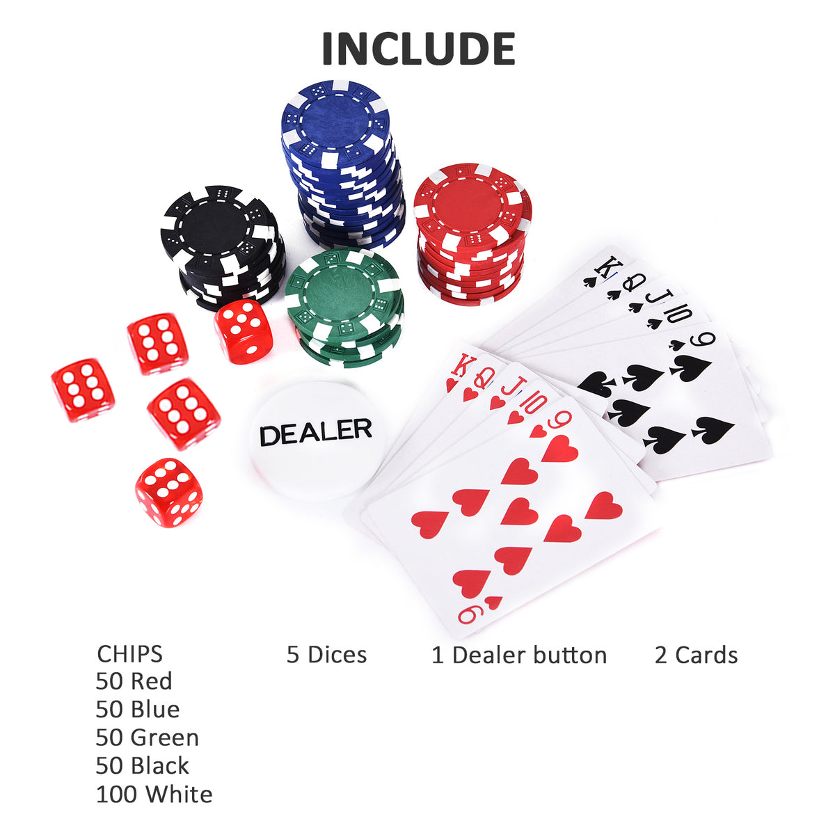 Poker Chip Set with Aluminum Case, 200 Striped Poker Chips, 2 Decks of Cards, 5 Dice, Dealer Button, Silver