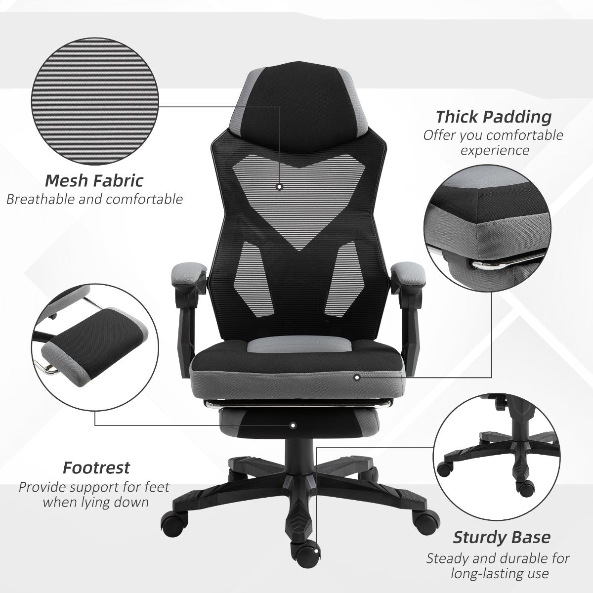 Home Office Chair Adjustable Height Recliner with Retractable Footrest, Mesh Back - Gray
