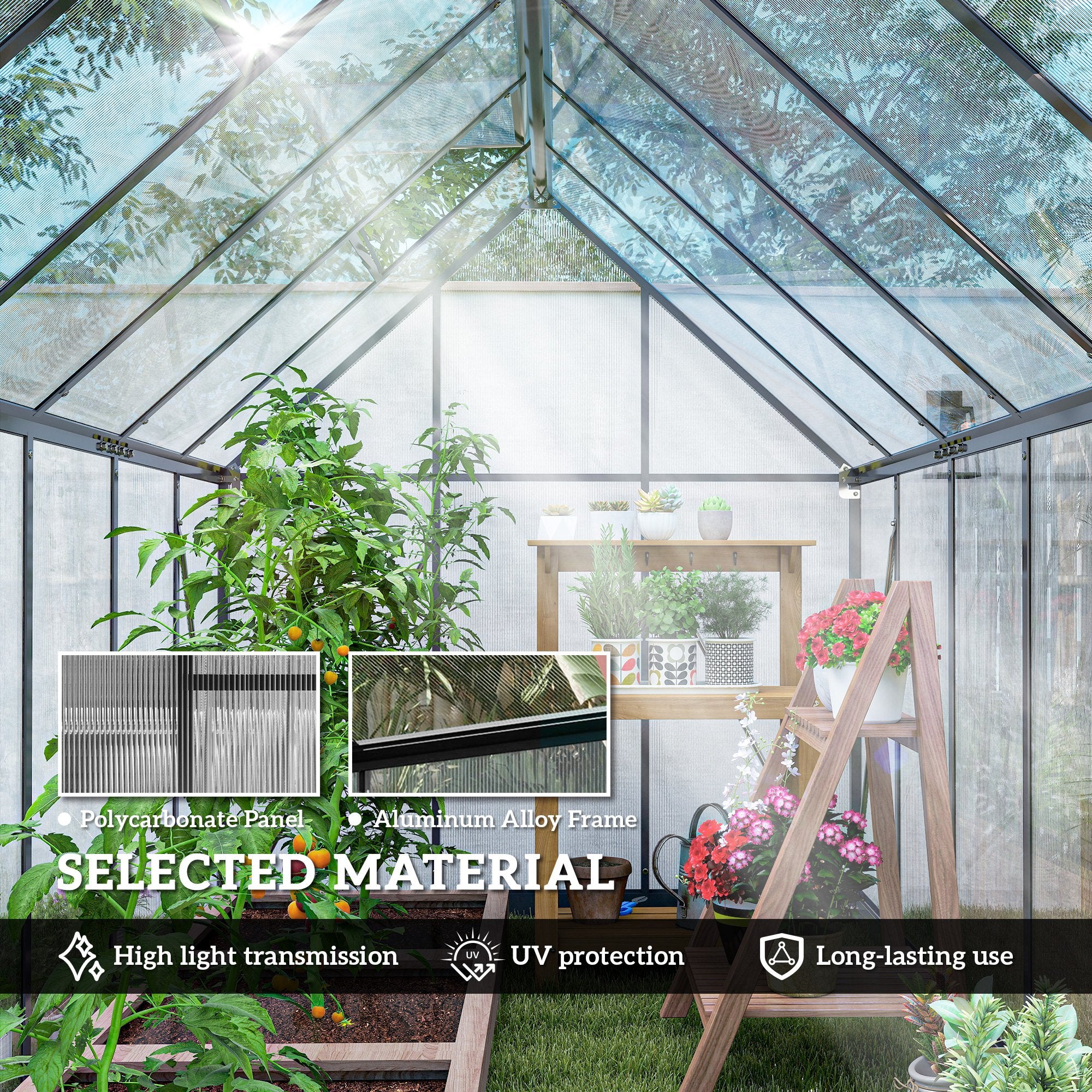 Polycarbonate Greenhouse with Swing Door and Two Adjustable Roof Vents, Aluminum Walk-in Greenhouse, 11x6 ft, Black - Black - Image 5
