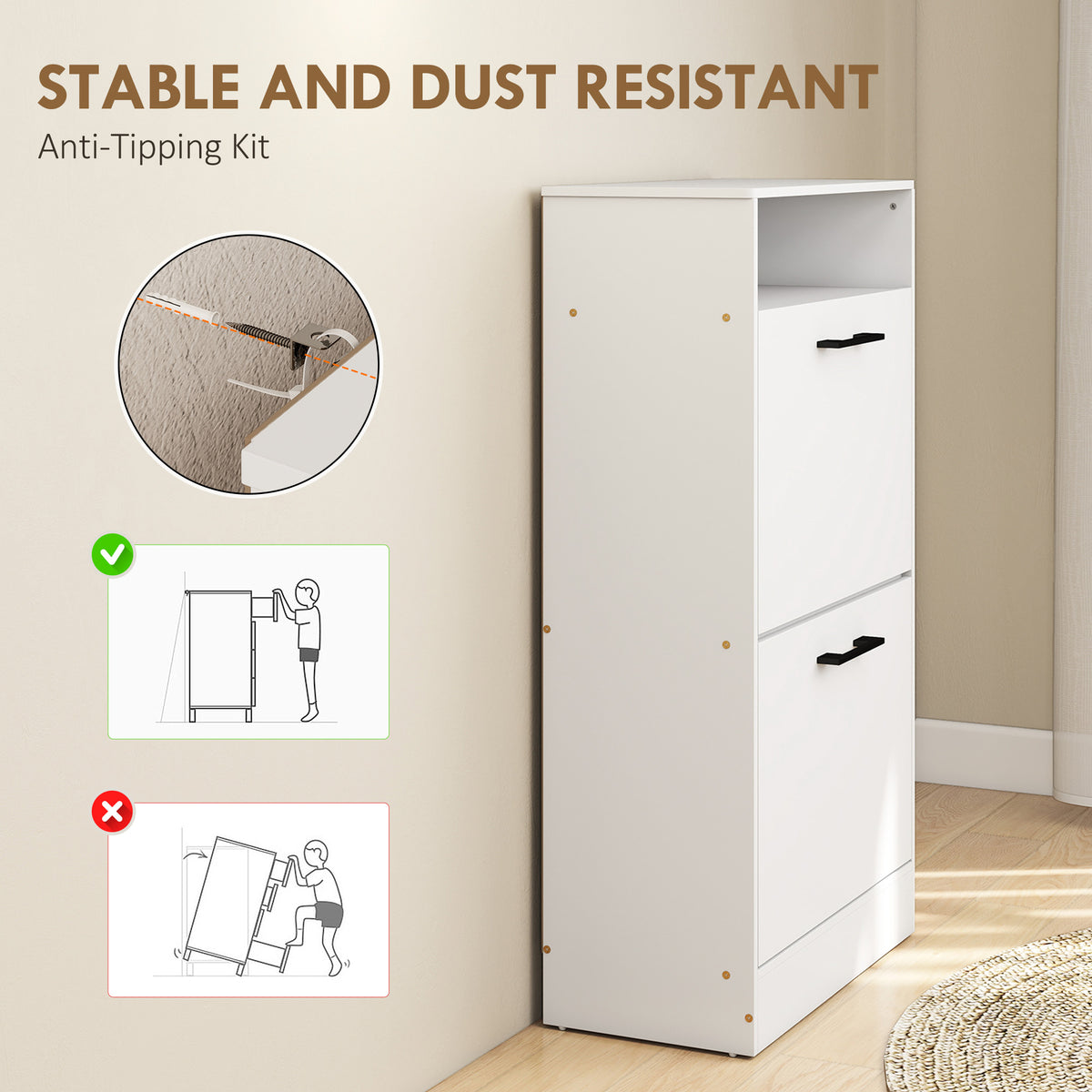 Shoe Cabinet 2 Flip Drawers Adjustable Dividers Shoe Storage Cabinet Top Shelf Entryway White