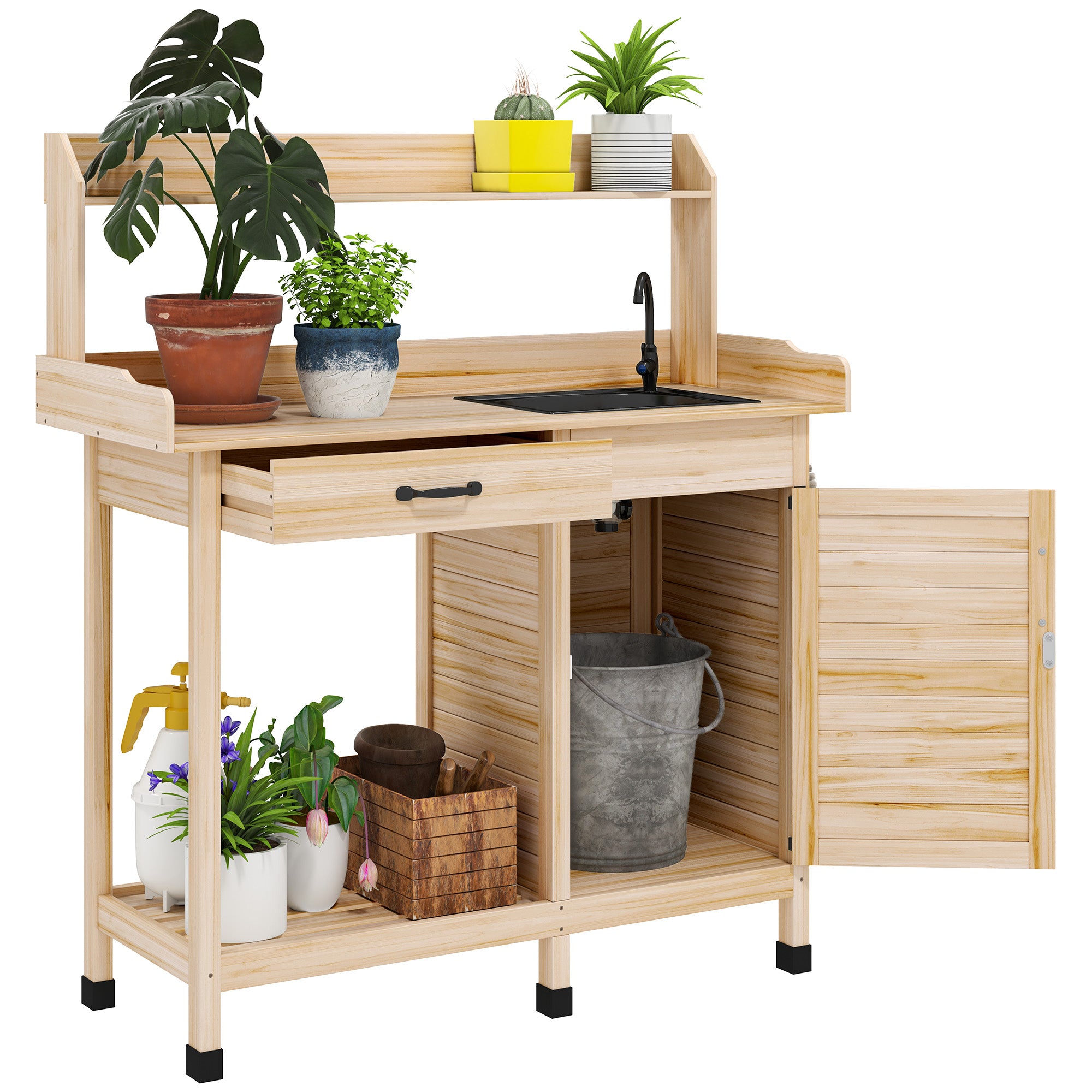 Potting Bench Table with Sink, Outdoor Work Bench Table with Storage Cabinet, Hooks, Removable Sink, Faucet and Drawer for Greenhouse, Garden, Patio, Natural Wood - Natural Wood