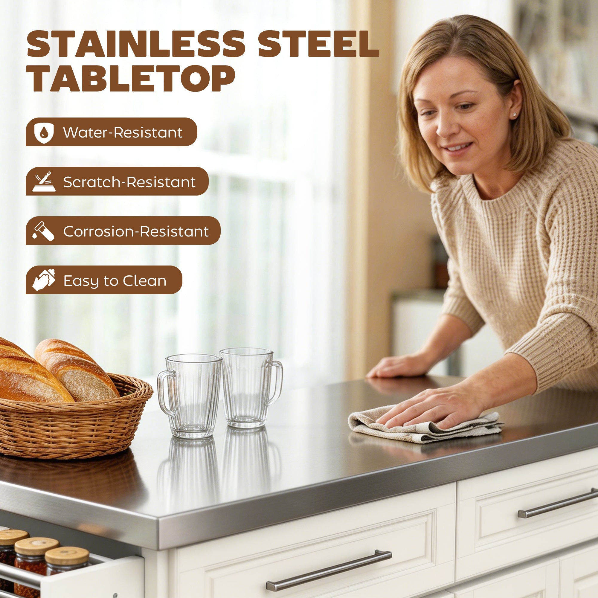 Rolling Kitchen Island with Stainless Steel Top, 2 Drawers, Spice, Knife and Towel Rack and Cabinets, Cream White