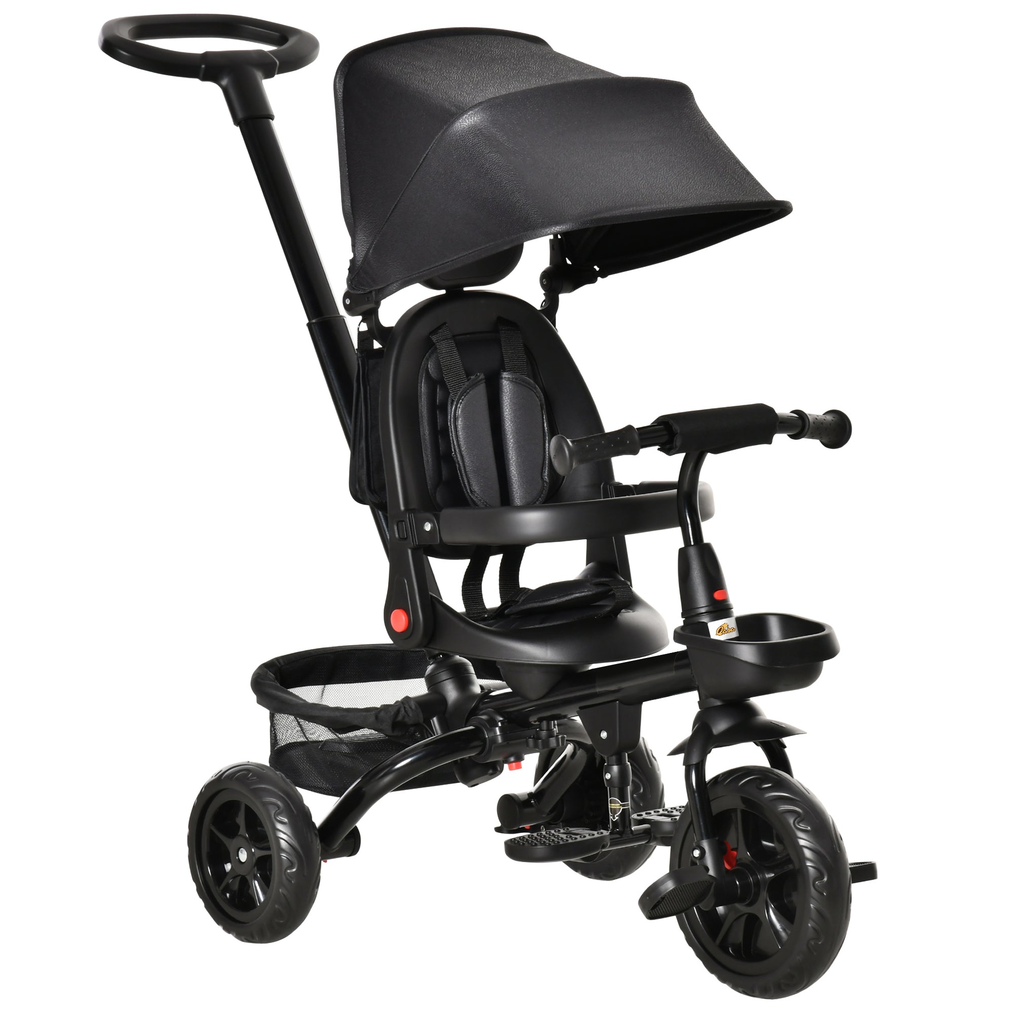 Kids Tricycle, 4 in 1 Foldable Trike with Reversible Seat, Adjustable Parent Handle, Safety Harness, Wheel Brakes, Removable Canopy, Storage, Tricycle for Toddlers 1-5 Years, Black