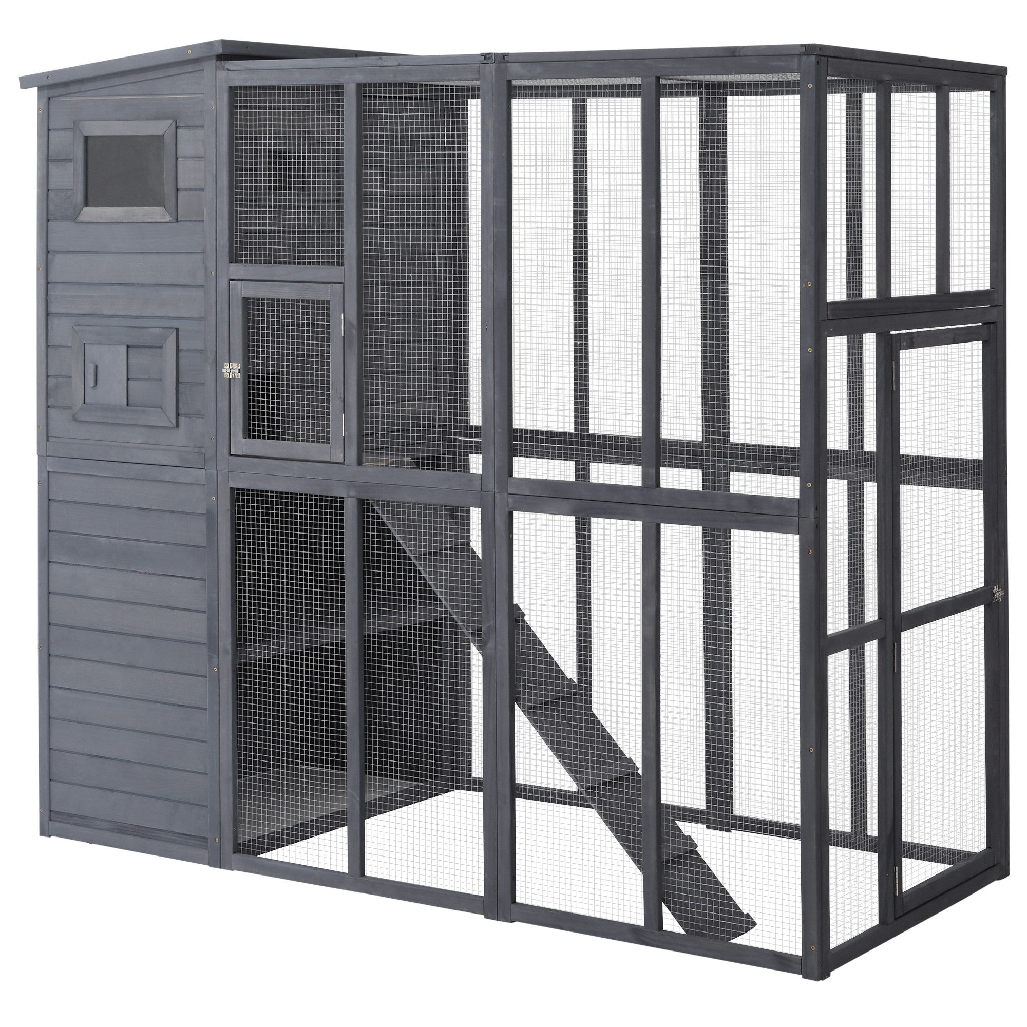 Wooden Outdoor Catio with Platforms, Asphalt Roof, Ramps, Gray - Gray
