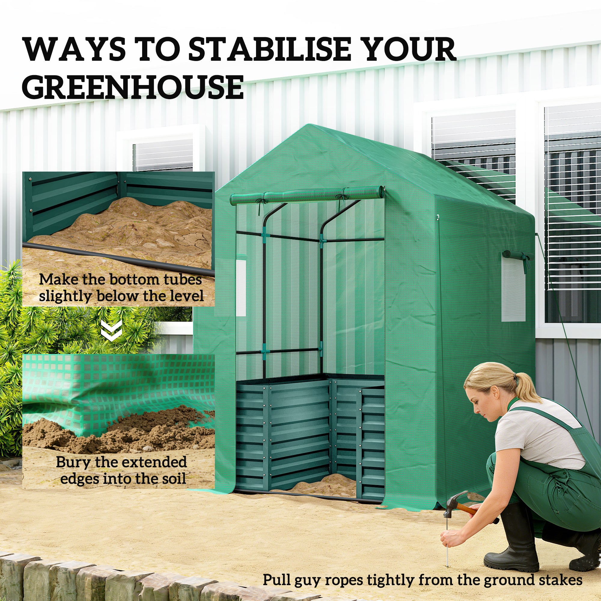 Greenhouse with Raised Garden Bed, Galvanized Steel Outdoor Greenhouse with Roll Up Door, 56" x 56" x 75", Green - Green - Image 8