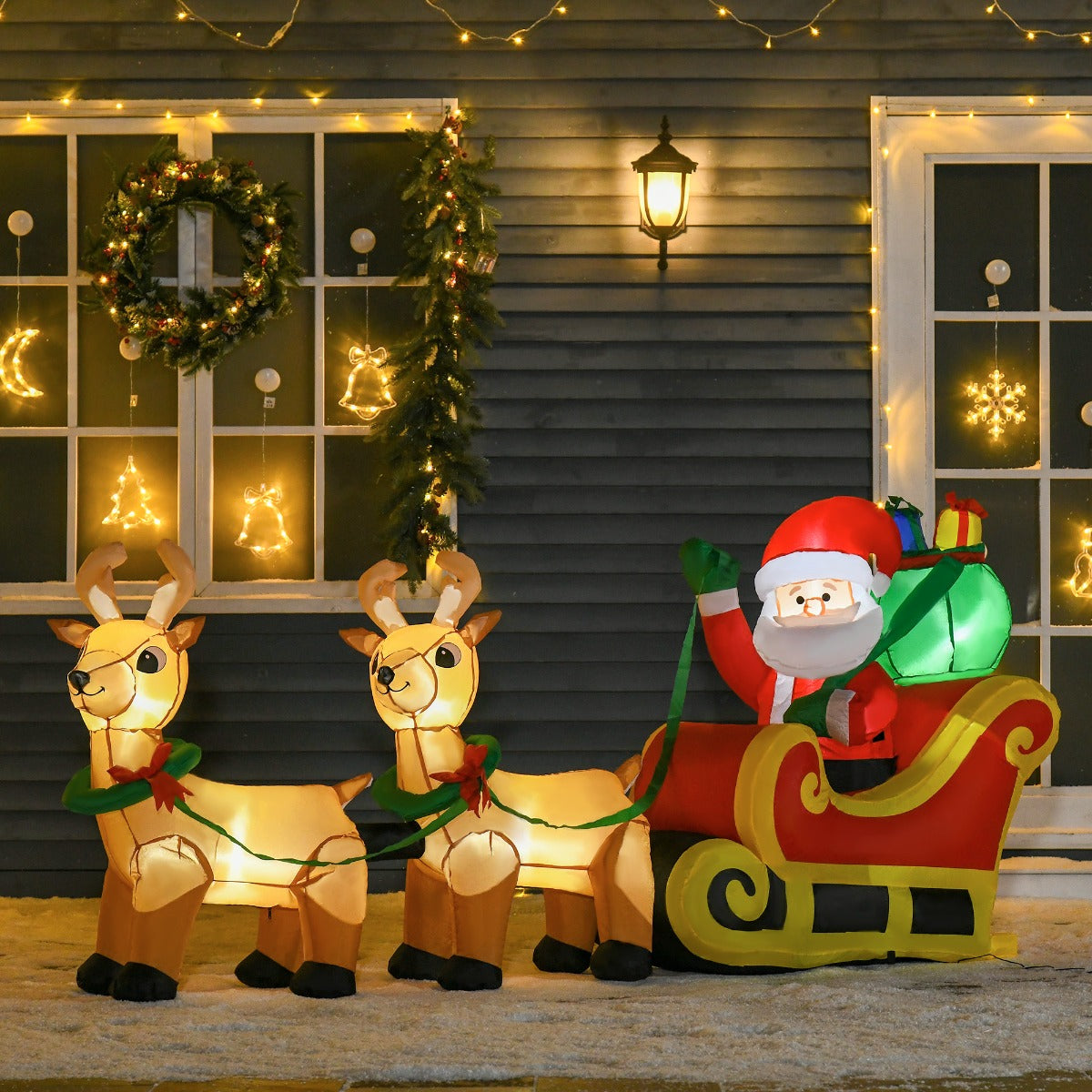 8ft Long Christmas Inflatable Santa Claus with Sleigh and Reindeer, Outdoor Blow-Up Yard Decoration with LED Lights Display