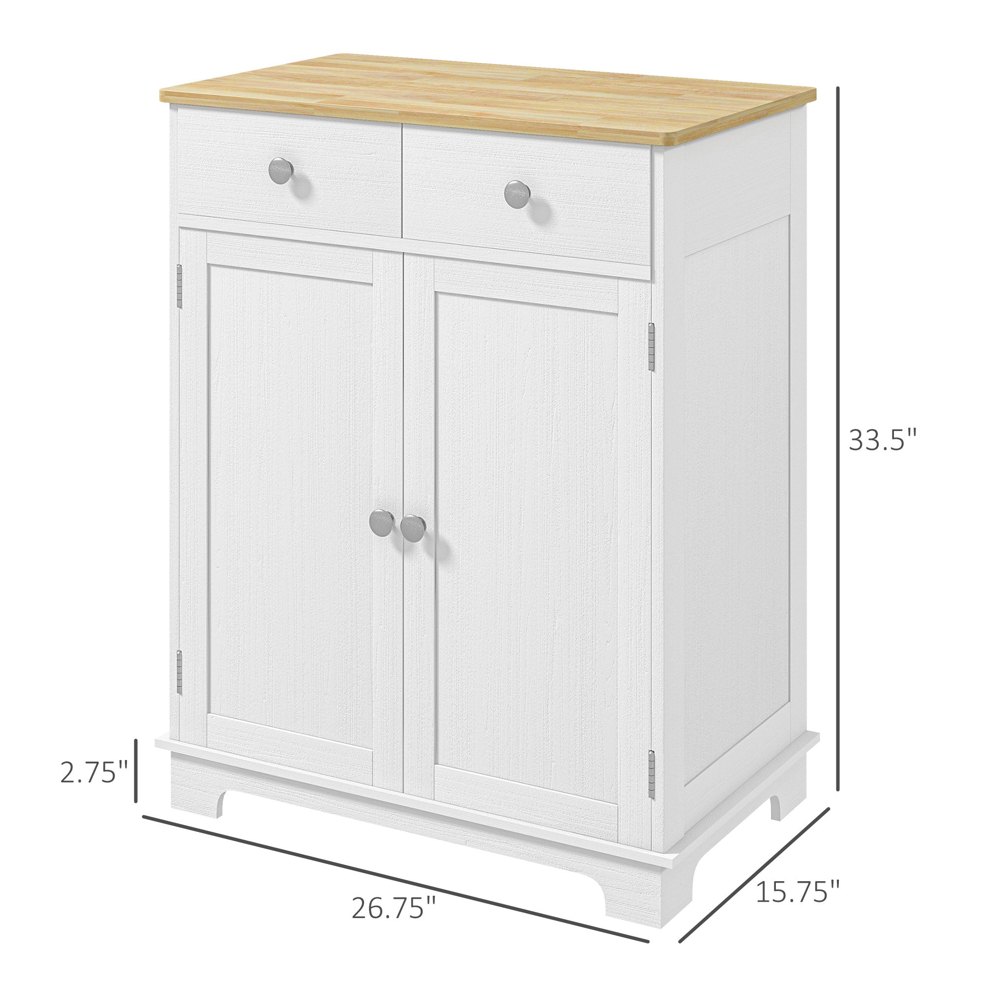 Kitchen Storage Cabinet, Sideboard Floor Cupboard with Solid Wood Top, Adjustable Shelf, and 2 Drawers, Distressed White