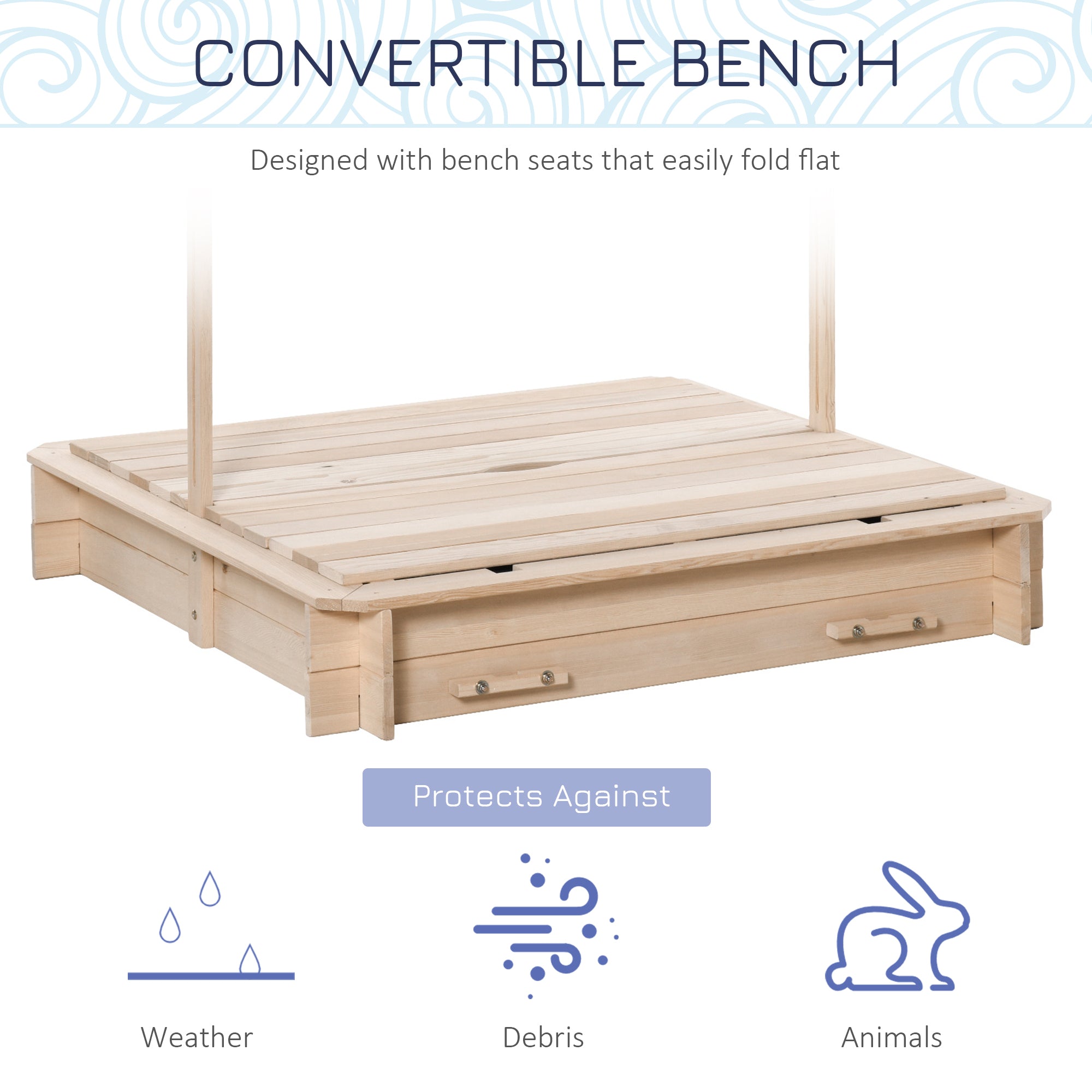 Covered Sandbox, Wooden,with Cover Adjustable Canopy, Detachable Seats and Backrests, Kids Sandbox with Convertible Bench Seat, Bottom Liner, Natural Blue