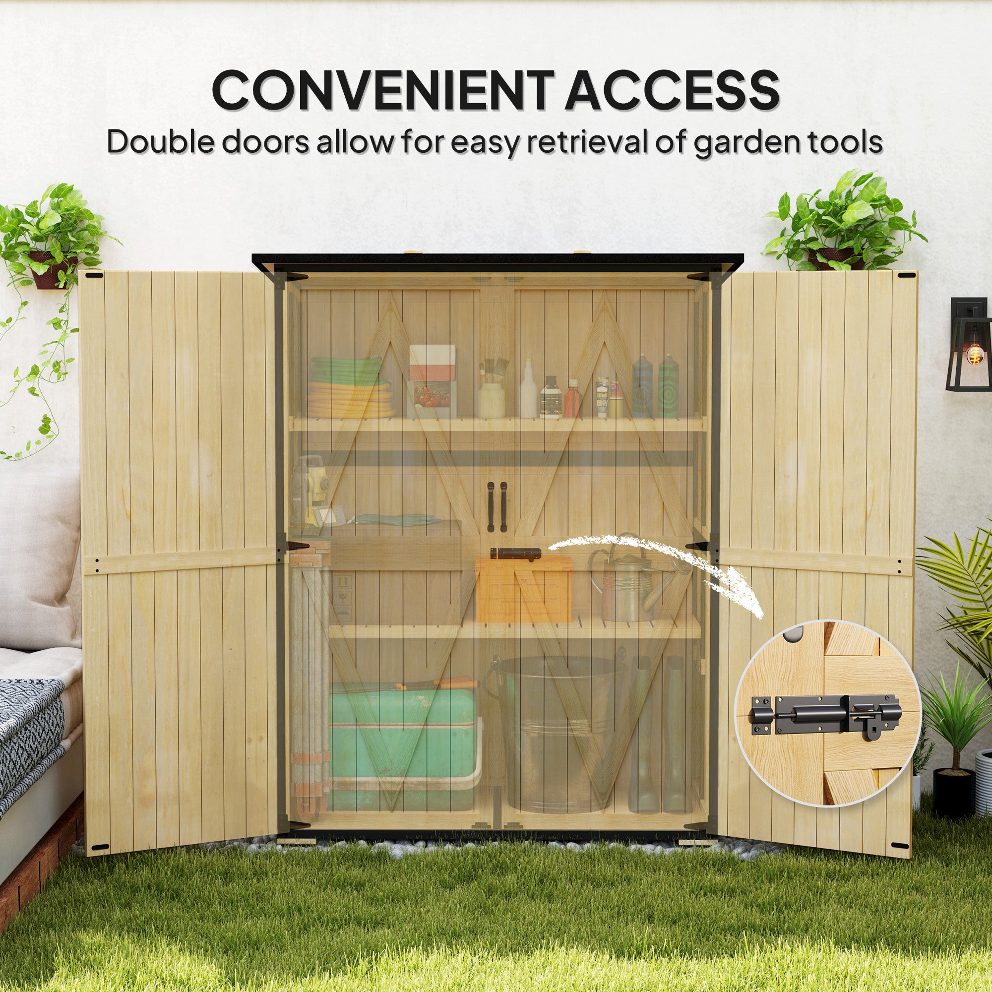 Wood Storage Shed, Outdoor Garden Shed with Asphalt Roof, 2 Shelves, Lockable Doors and Adjustable Feet, Natural - Natural Wood - Image 7