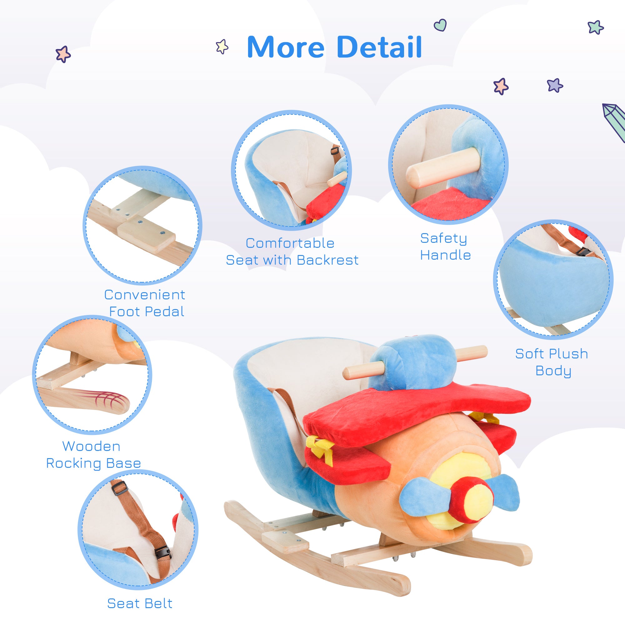 Kids Rocking Horse, Wooden Plush Ride-on Plane Chair Toy with Lullaby Song and Seat Belt for 18 Month +