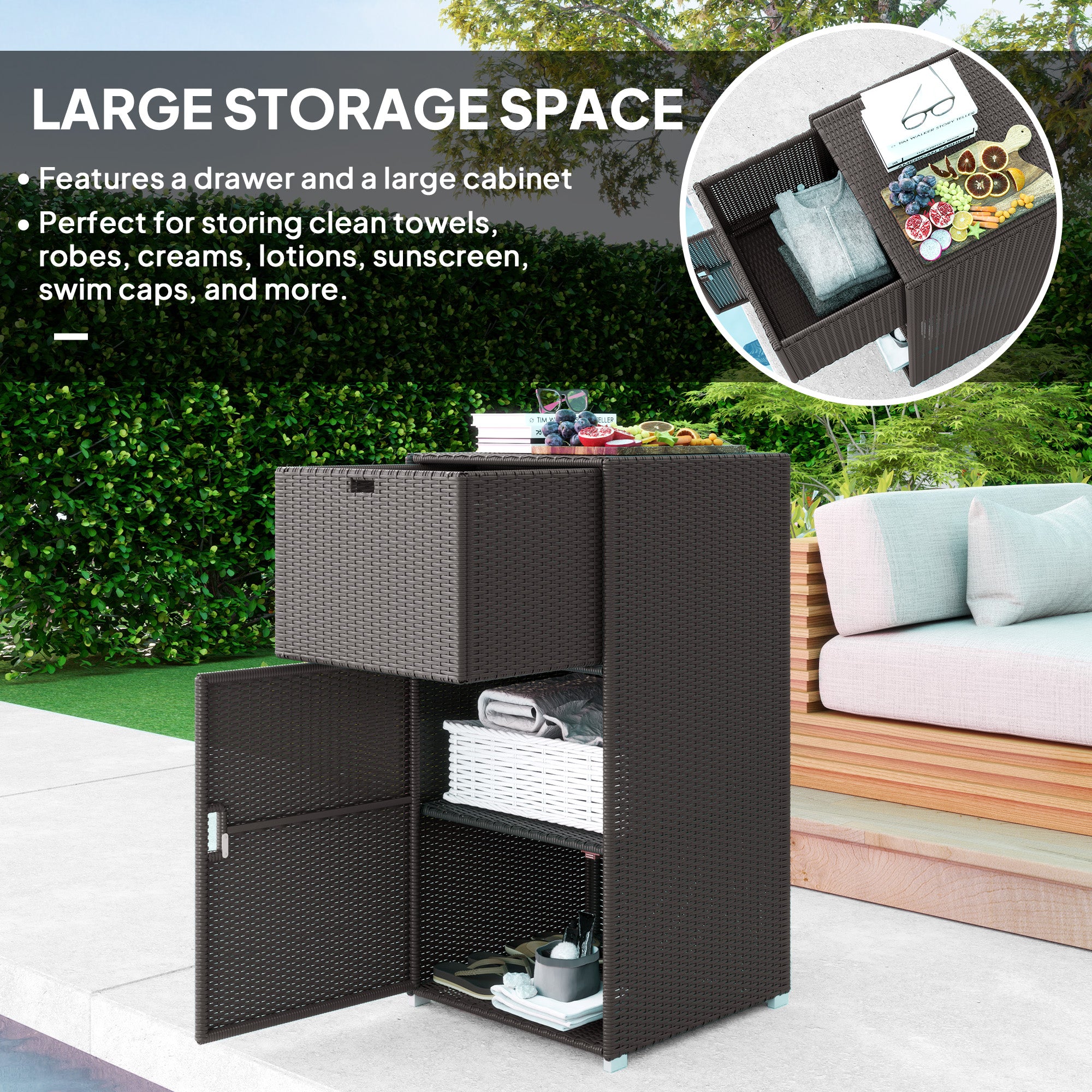 Outdoor Towel Rack for Pool w/ Drawer & Cabinet, Dark Brown - Brown - Image 4
