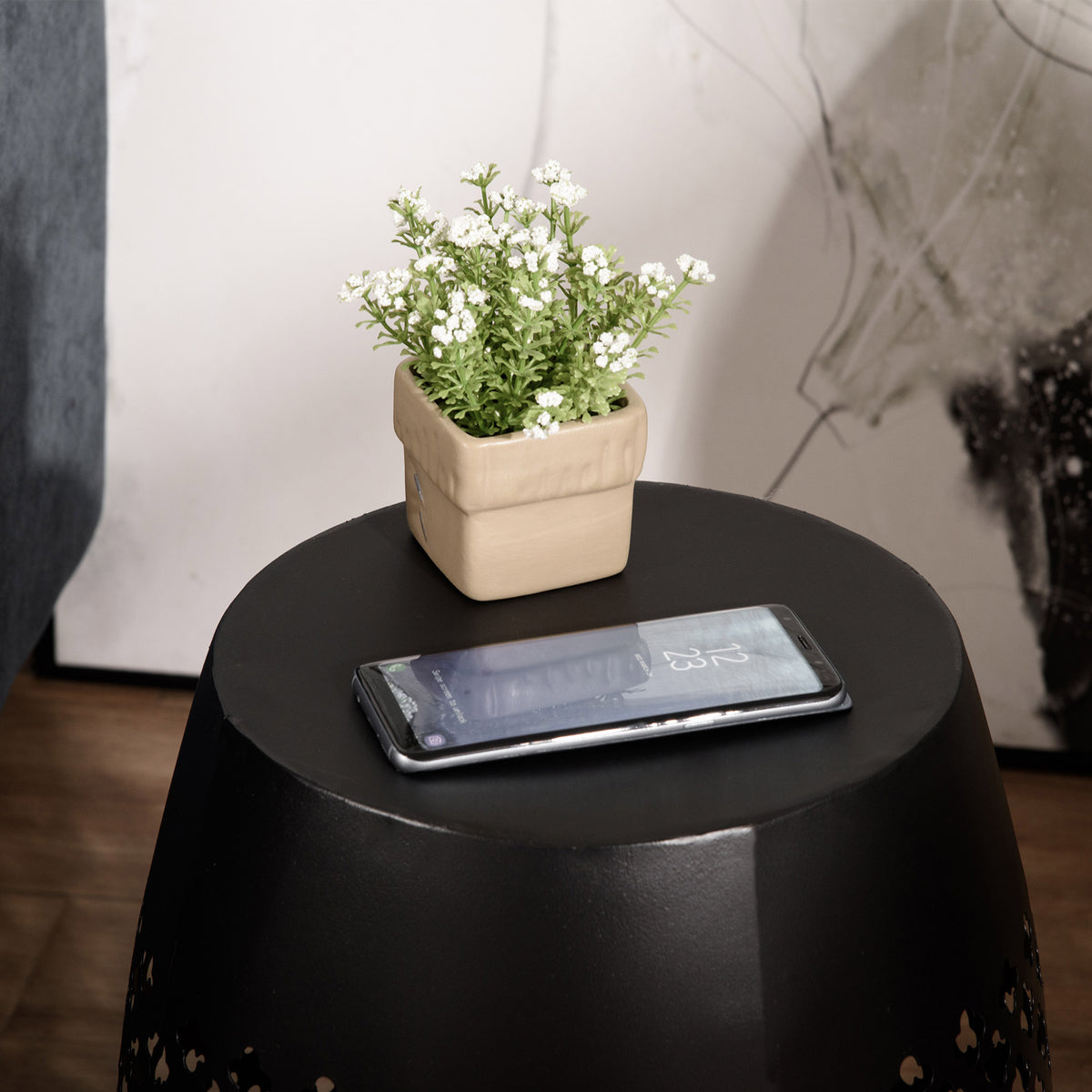 12" Steel Outdoor Side Table, Round Hollow Drum Patio End Table, Accent Table for Indoor and Outdoor, Black