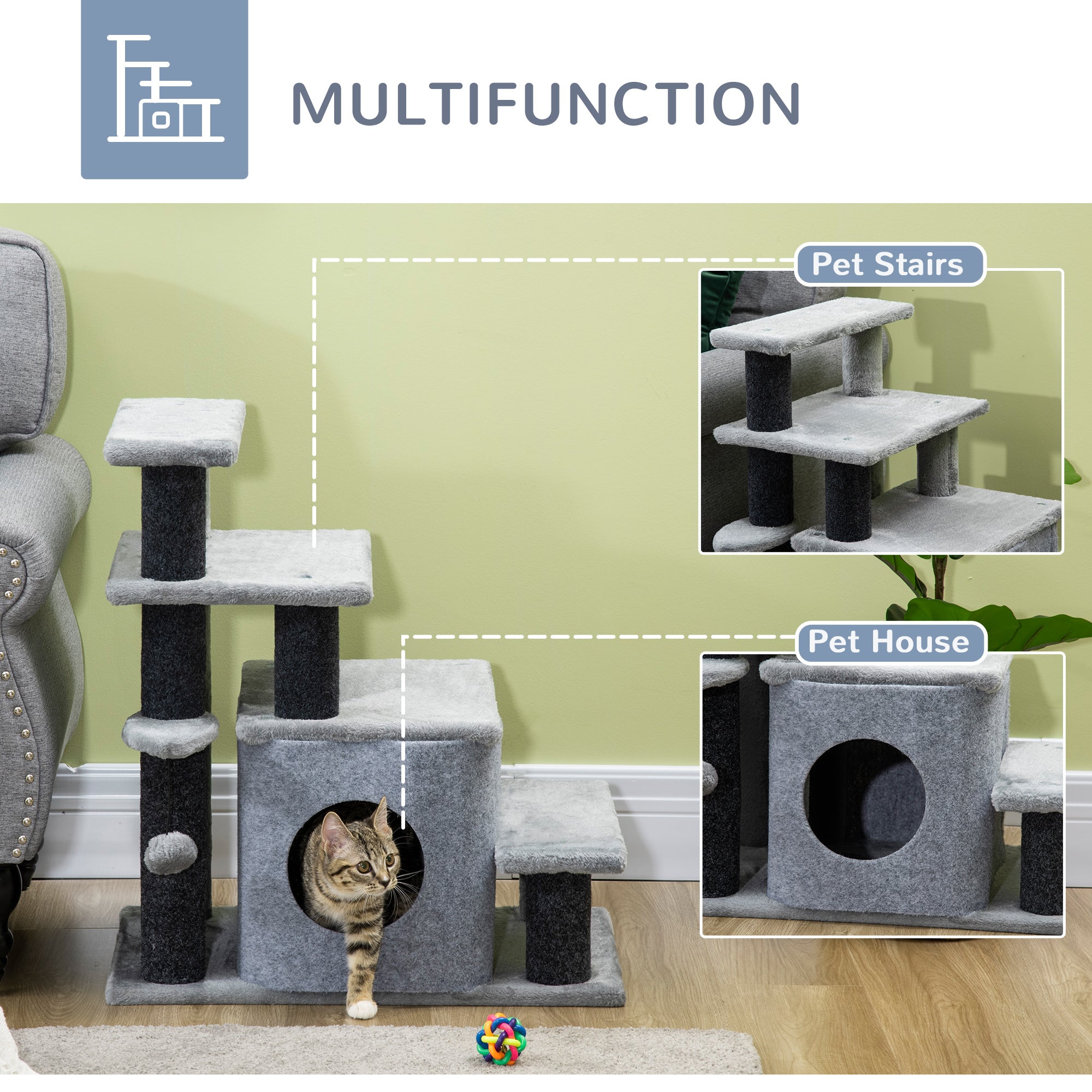 Adjustable Height 3 Step/4 Step Cat Stairs with Cat Scratching Post, Cat Condo, Toy Ball, for Bed, Sofa, Couch, Gray - Gray - Image 5