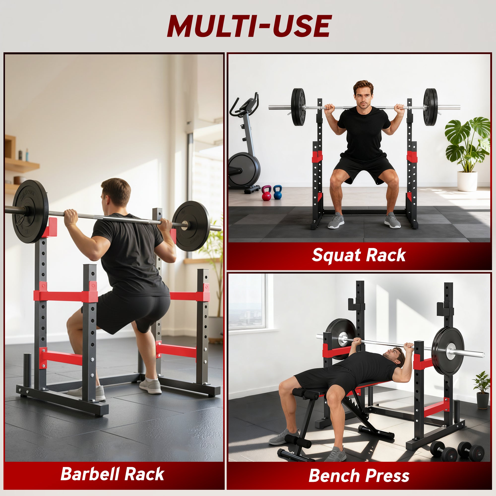 Adjustable Squat Rack, 660lbs Multi-Functional Bench Press Rack for Weight Lifting Home Gym Strength Training, Red