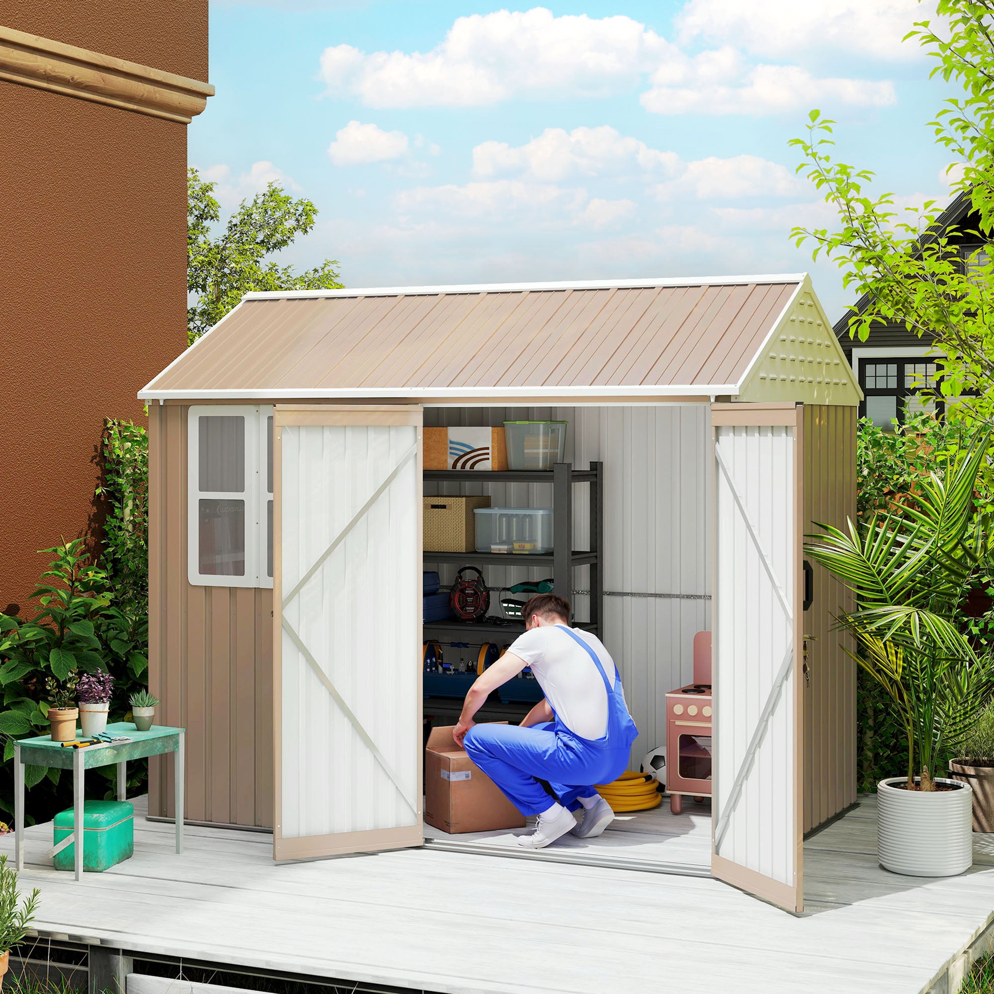 8' x 6' Metal Garden Storage Shed, Extra Large Outdoor Tool Storage House w/ Doors, Window and Air Vents, Brown - Brown - Image 2