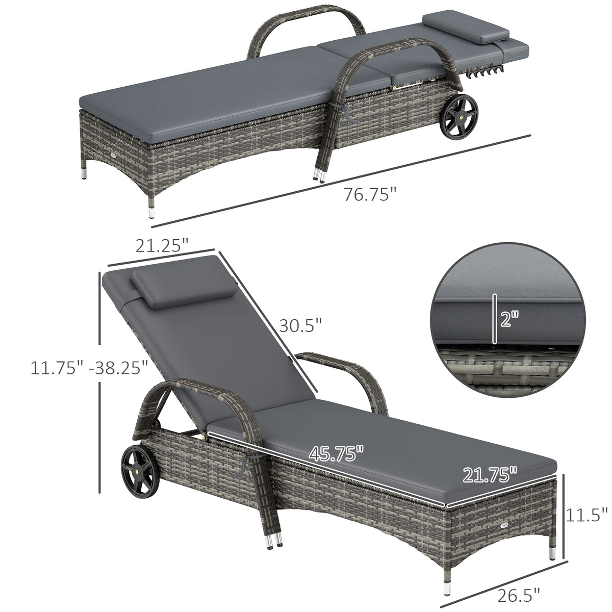 2 Reclining Chaise Lounge Chairs, Rolling Outdoor Chairs with Cushion, Pillow, Headrest, Armrests, and Wheels, Gray