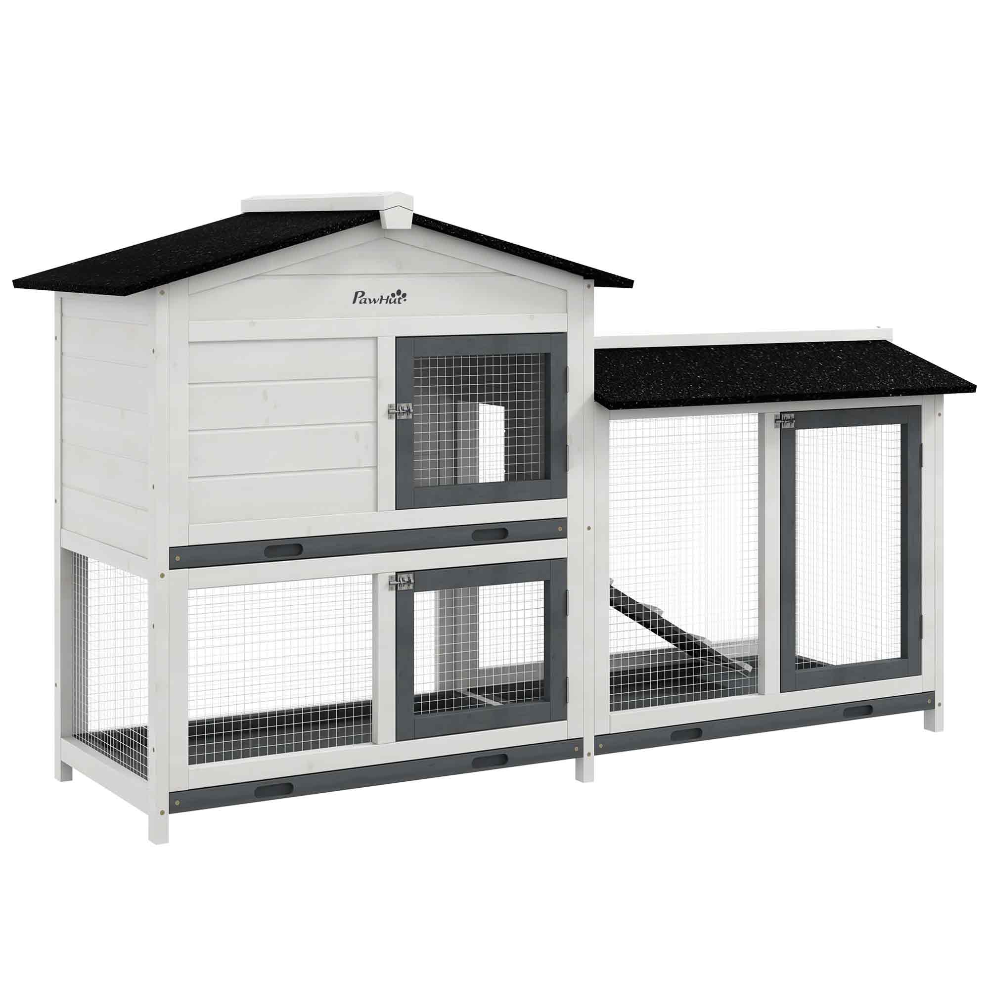62" Rabbit Hutch, Wooden Bunny Hutch, Guinea Pig Cage, Small Animal Enclosure with Run Area, Removable Tray, Asphalt Roof, Lockable Doors and Ramp, for Rabbits, Chickens, Ducks, White - White