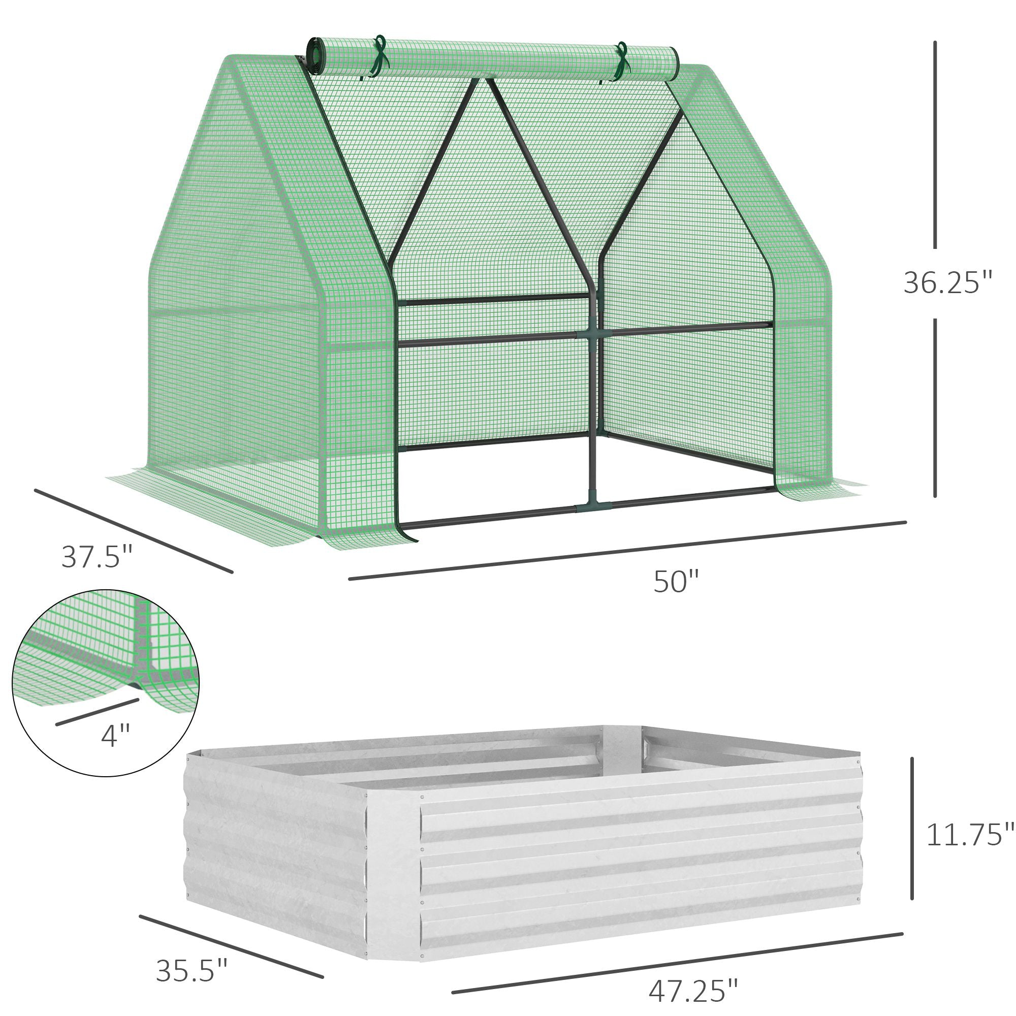4 x 3 x 3ft Raised Garden Bed with Mini Greenhouse, Galvanized Raised Garden Bed with Cover for Herbs and Vegetables, Small Greenhouse for Patio Garden Balcony, Green - Green - Image 3